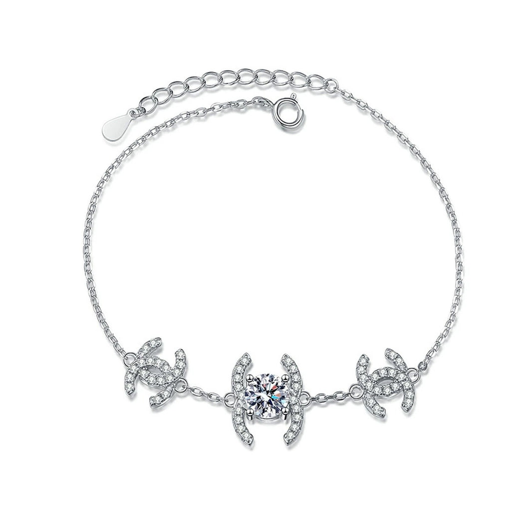 Butterfly Moissanite Chain Bracelet with CZ in White Gold-Plated S925 Sterling Silver white background product photo