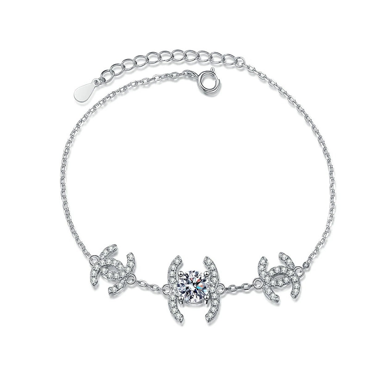 Butterfly Moissanite Chain Bracelet with CZ in White Gold-Plated S925 Sterling Silver white background product photo