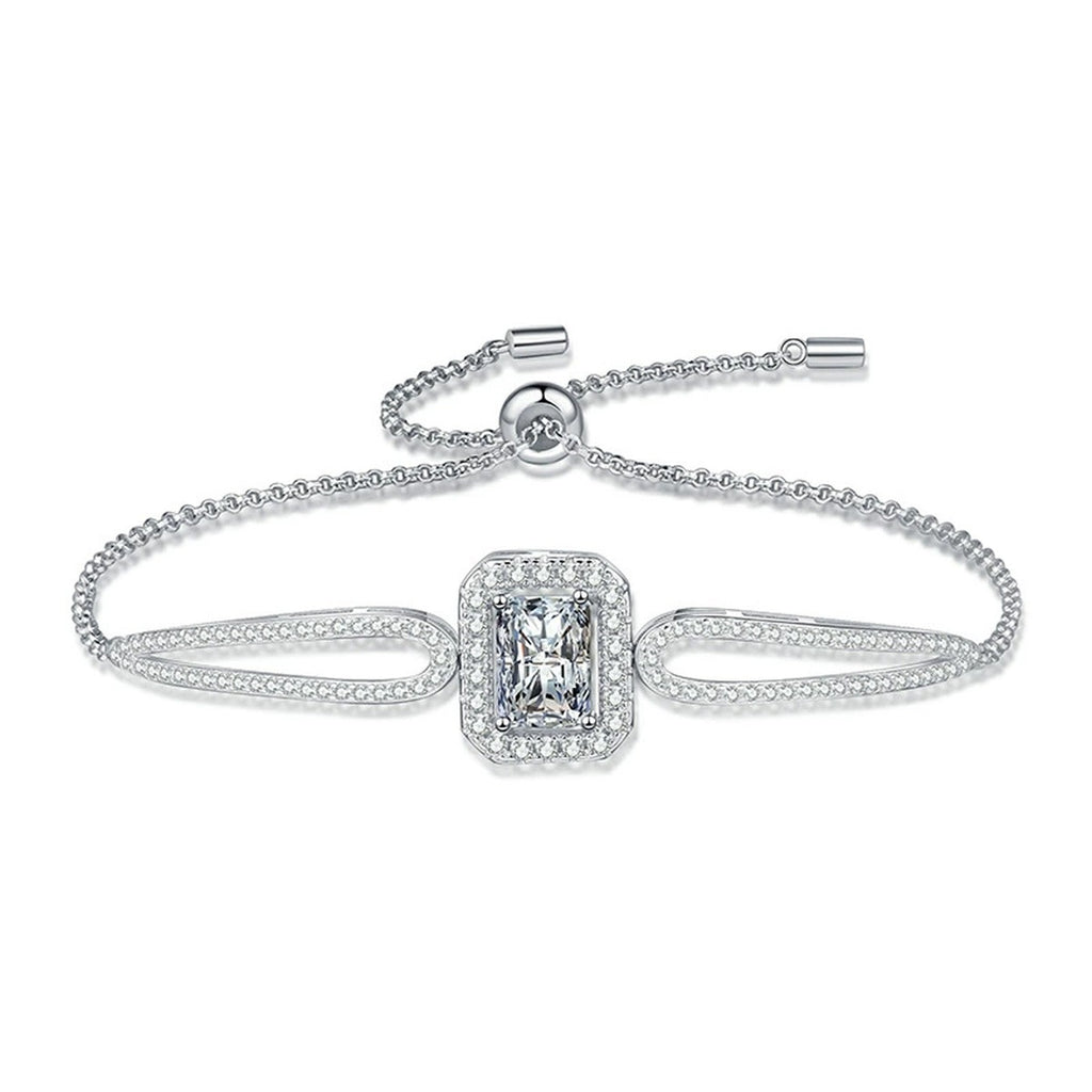Pear Moissanite Adjustable Bangle Bracelet with CZ in White Gold-Plated S925 Sterling Silver white background product photo