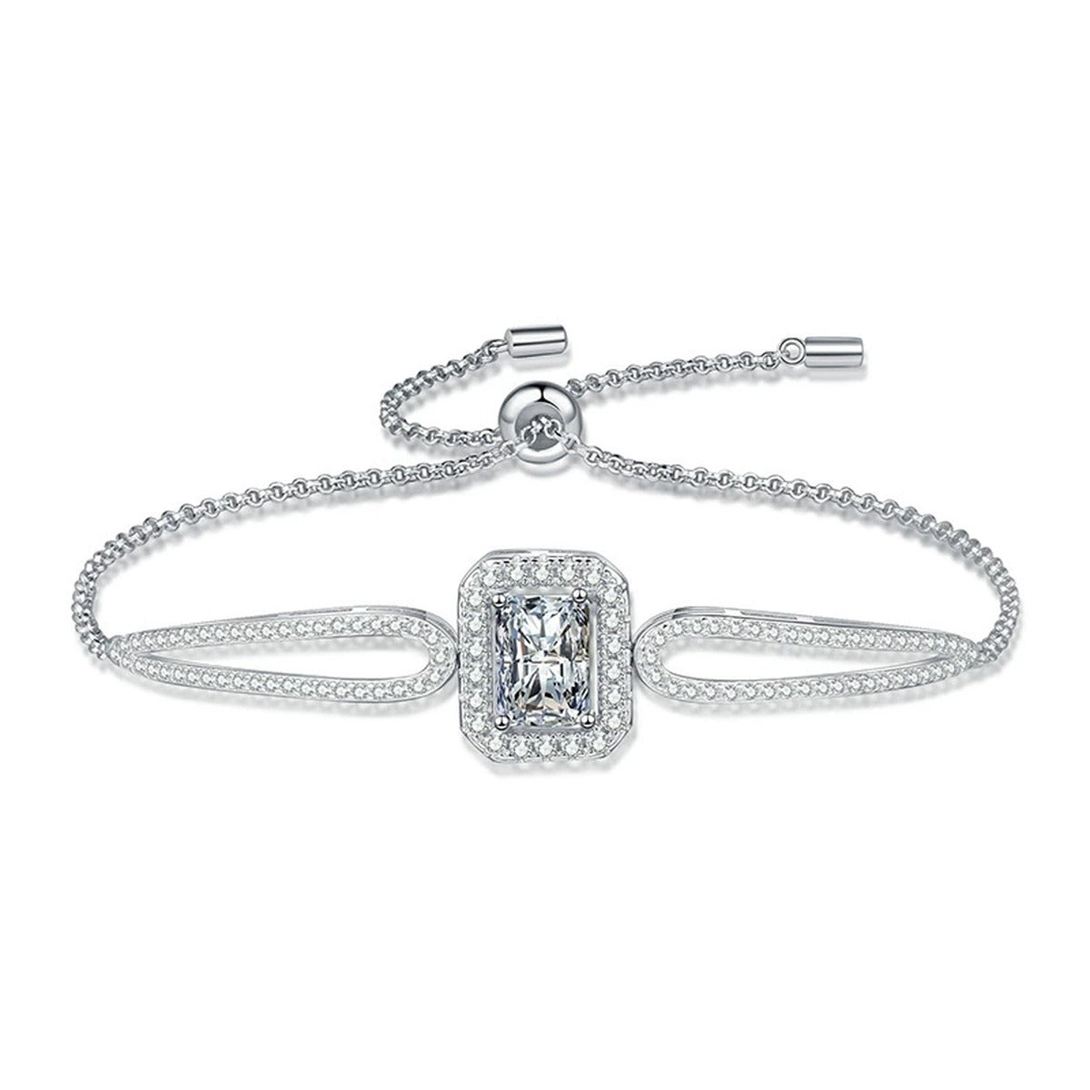 Pear Moissanite Adjustable Bangle Bracelet with CZ in White Gold-Plated S925 Sterling Silver white background product photo