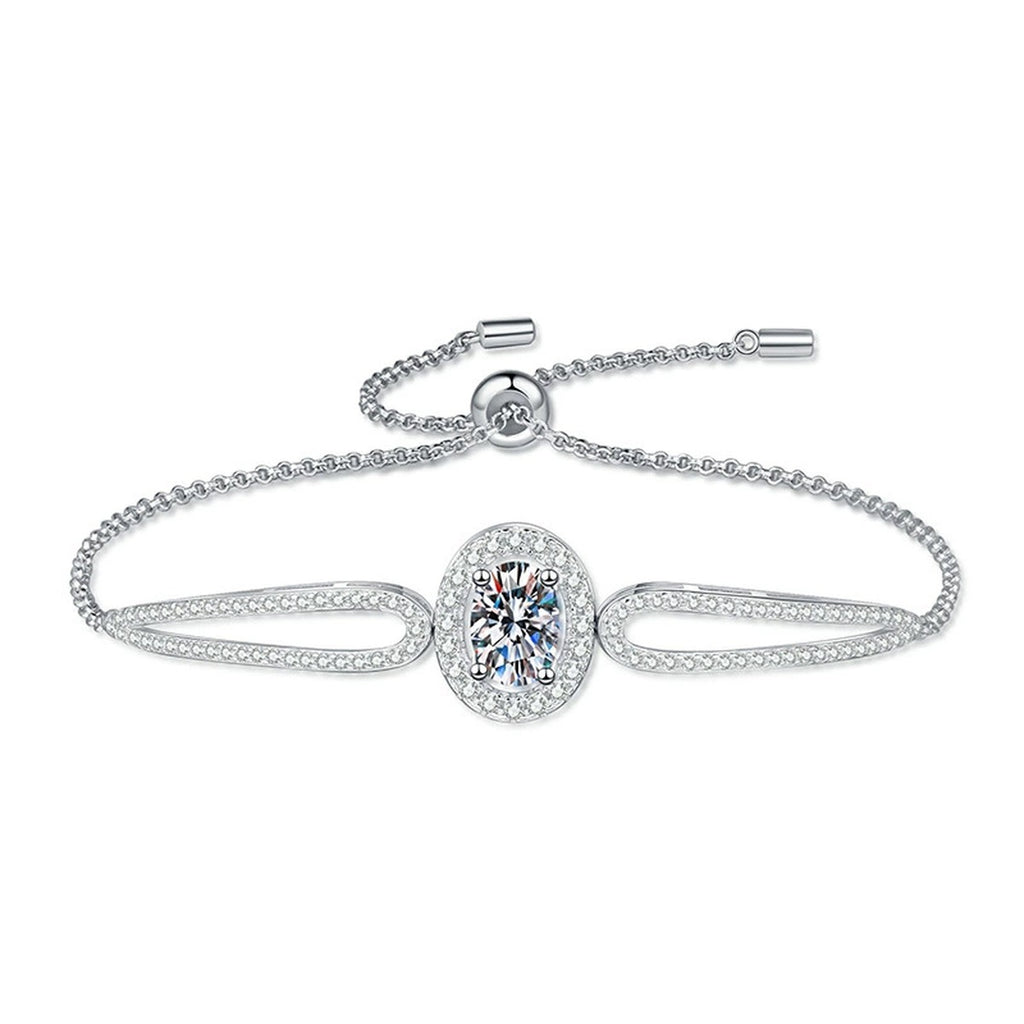 Round Moissanite Adjustable Bangle Bracelet with CZ in White Gold-Plated S925 Sterling Silver white background product photo