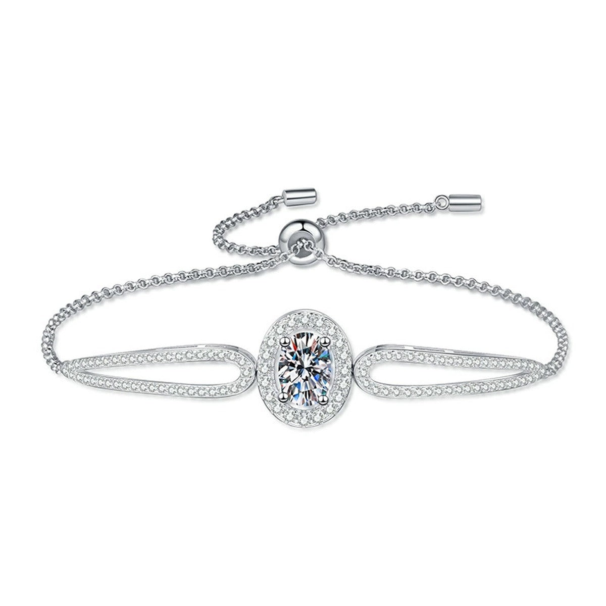 Round Moissanite Adjustable Bangle Bracelet with CZ in White Gold-Plated S925 Sterling Silver white background product photo