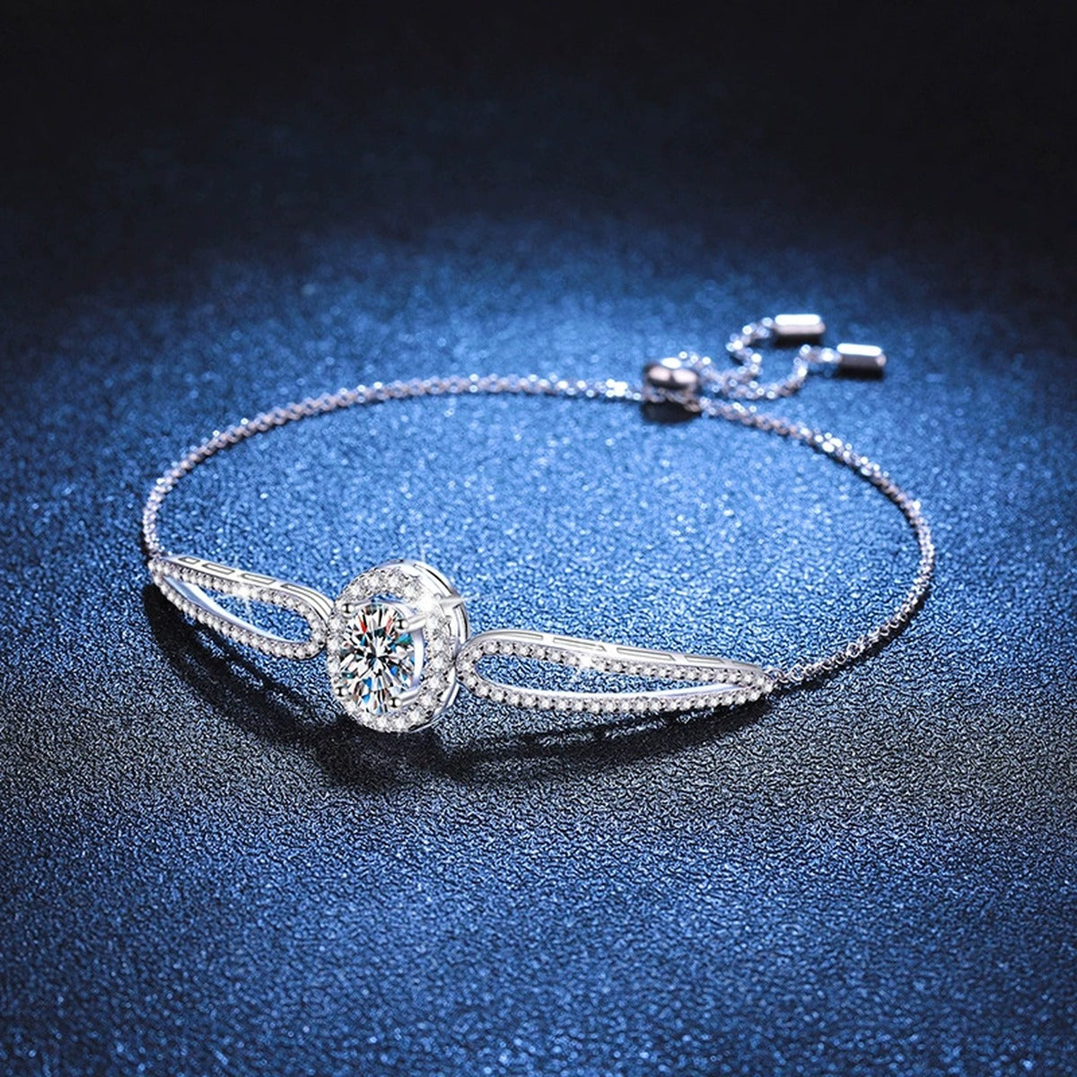 Round Moissanite Adjustable Bangle Bracelet with CZ in White Gold-Plated S925 Sterling Silver blue display scene showing bracelet sparkle and chain detail