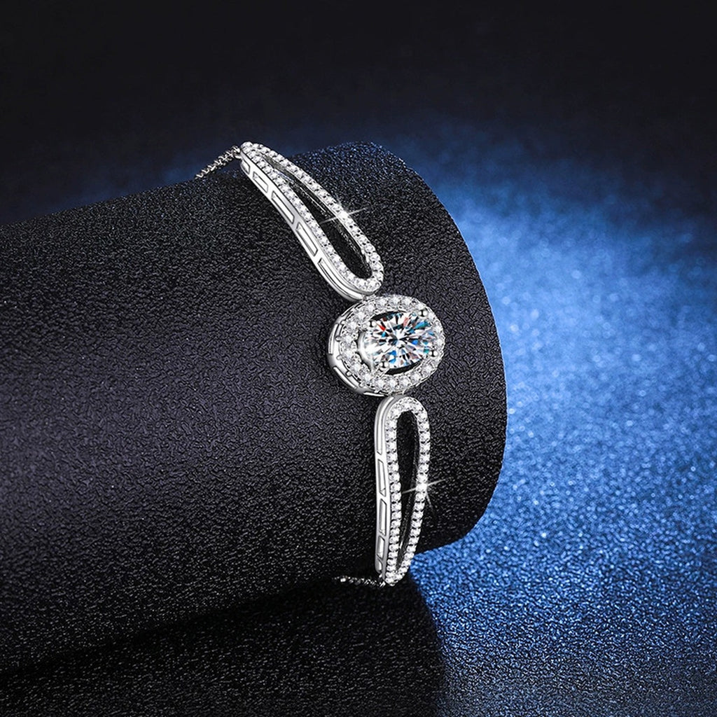 Round Moissanite Adjustable Bangle Bracelet with CZ in White Gold-Plated S925 Sterling Silver blue display scene showing bracelet sparkle and chain detail