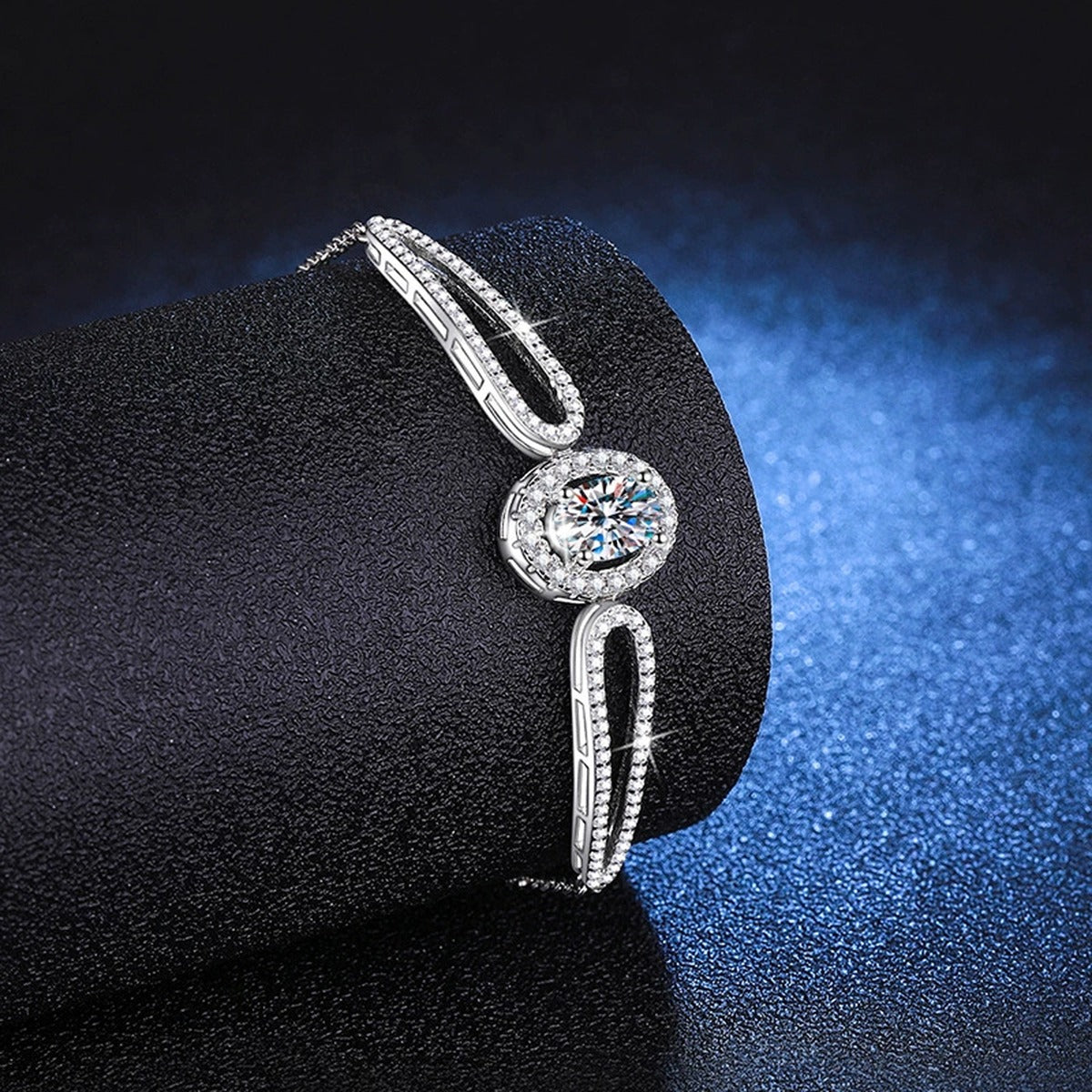Round Moissanite Adjustable Bangle Bracelet with CZ in White Gold-Plated S925 Sterling Silver blue display scene showing bracelet sparkle and chain detail