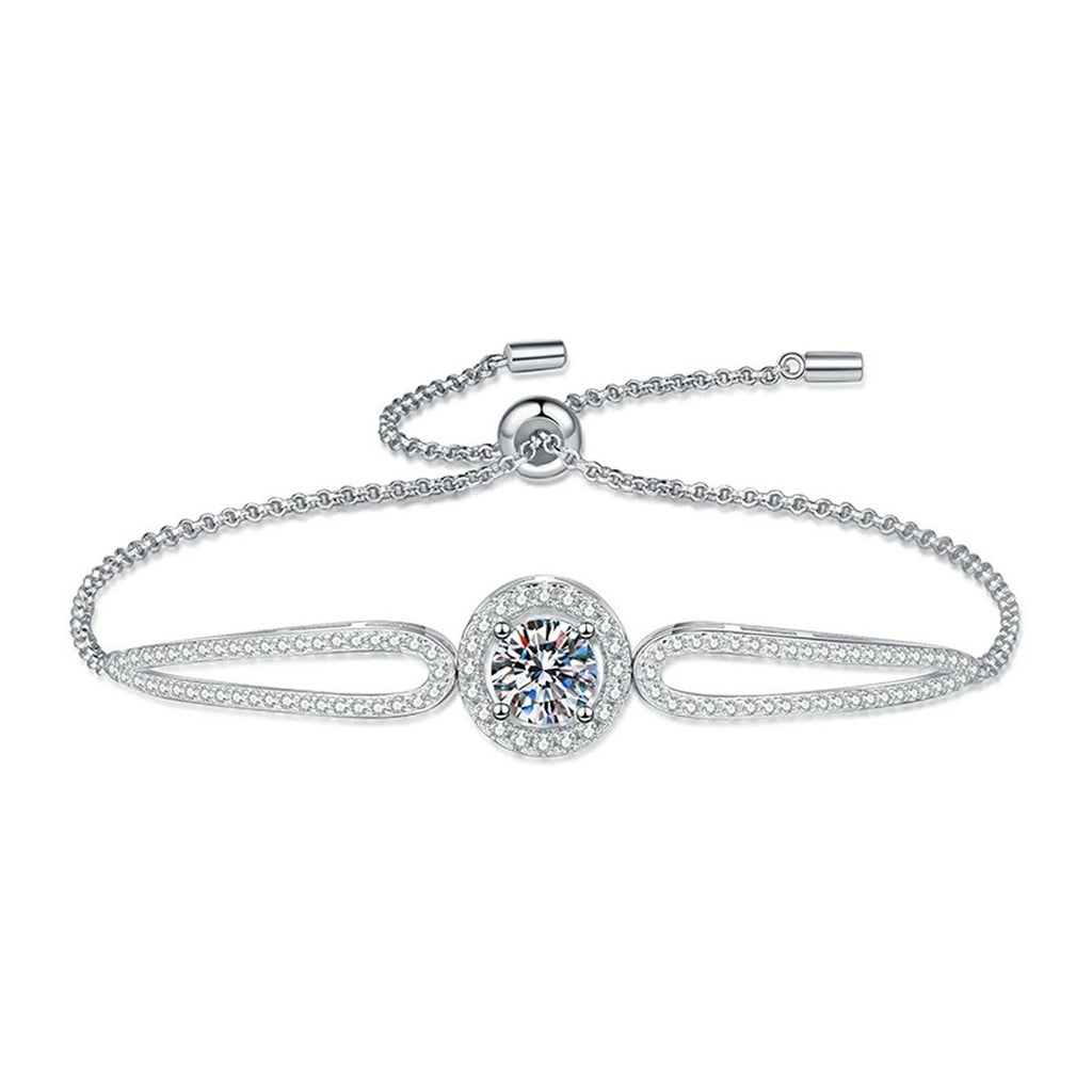 Round Halo Moissanite Adjustable Bangle Bracelet with CZ in White Gold-Plated S925 Sterling Silver white background product photo
