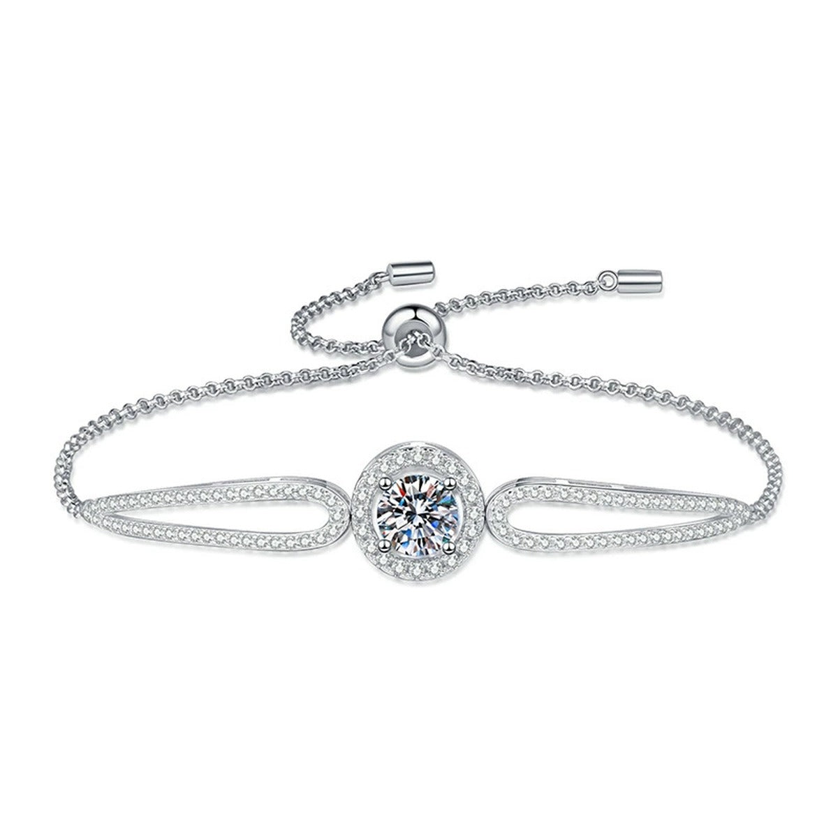 Round Halo Moissanite Adjustable Bangle Bracelet with CZ in White Gold-Plated S925 Sterling Silver white background product photo