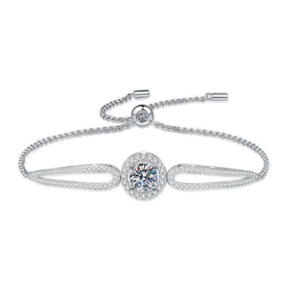 Round Halo Moissanite Adjustable Bangle Bracelet with CZ in White Gold-Plated S925 Sterling Silver white background product photo