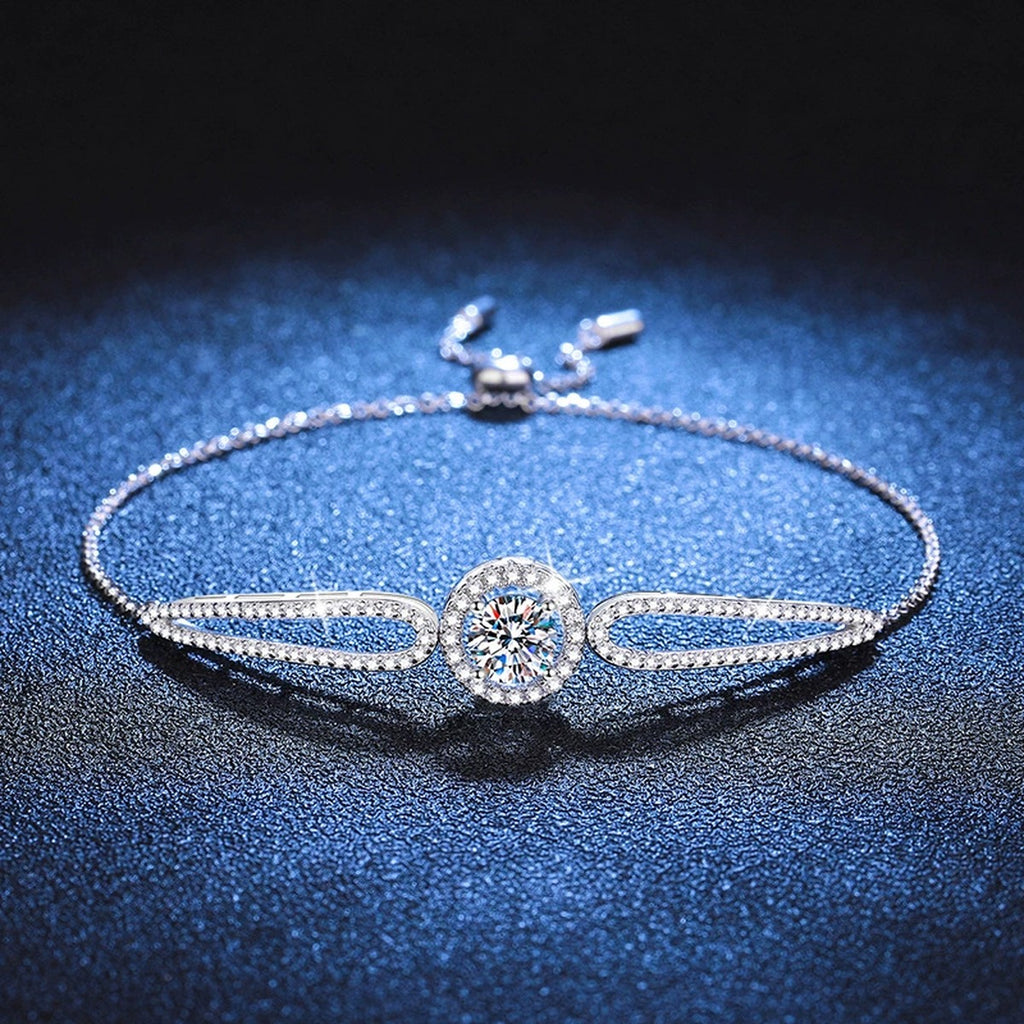 Round Halo Moissanite Adjustable Bangle Bracelet with CZ in White Gold-Plated S925 Sterling Silver blue display scene showing bracelet sparkle and chain detail