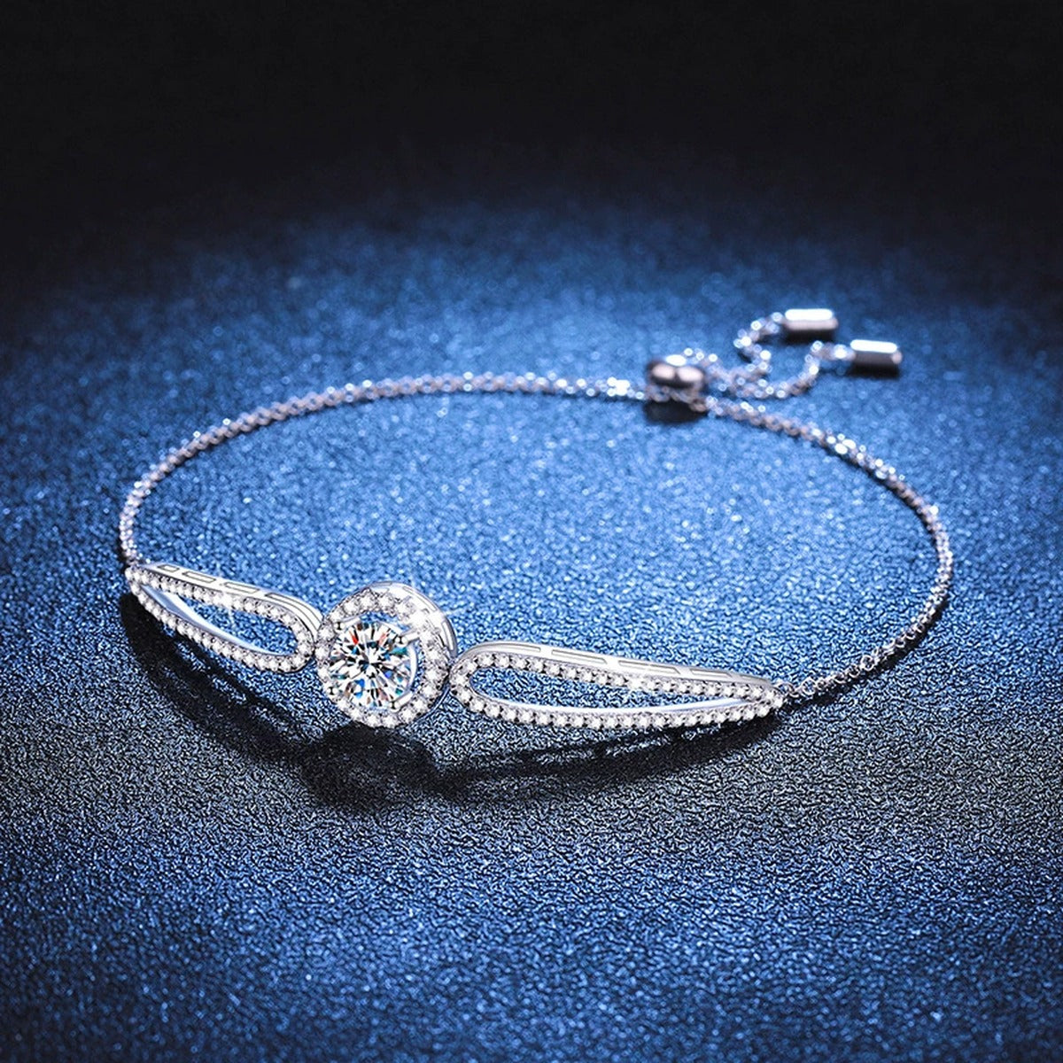 Round Halo Moissanite Adjustable Bangle Bracelet with CZ in White Gold-Plated S925 Sterling Silver blue display scene showing bracelet sparkle and chain detail
