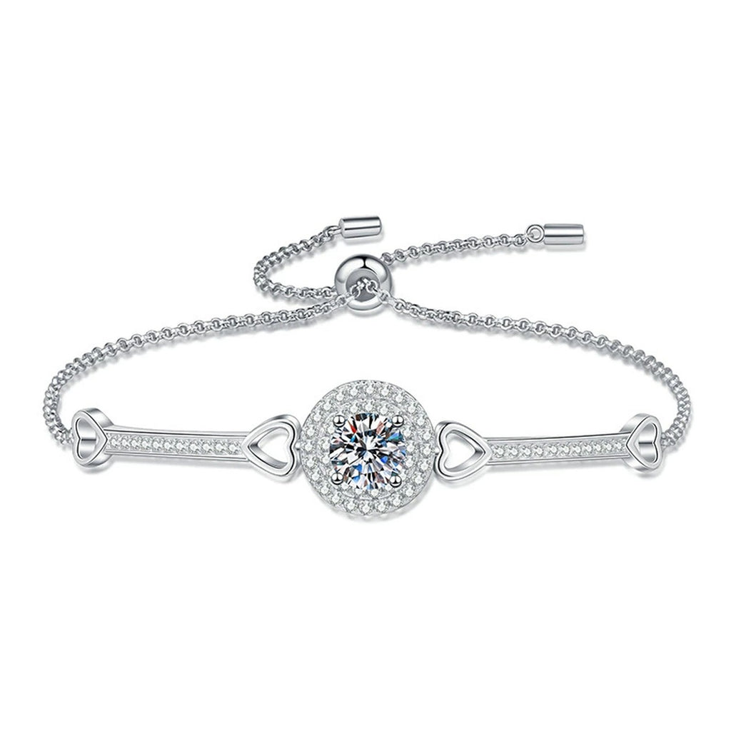 Round Halo Moissanite Adjustable Bangle Bracelet with CZ in White Gold-Plated S925 Sterling Silver white background product photo