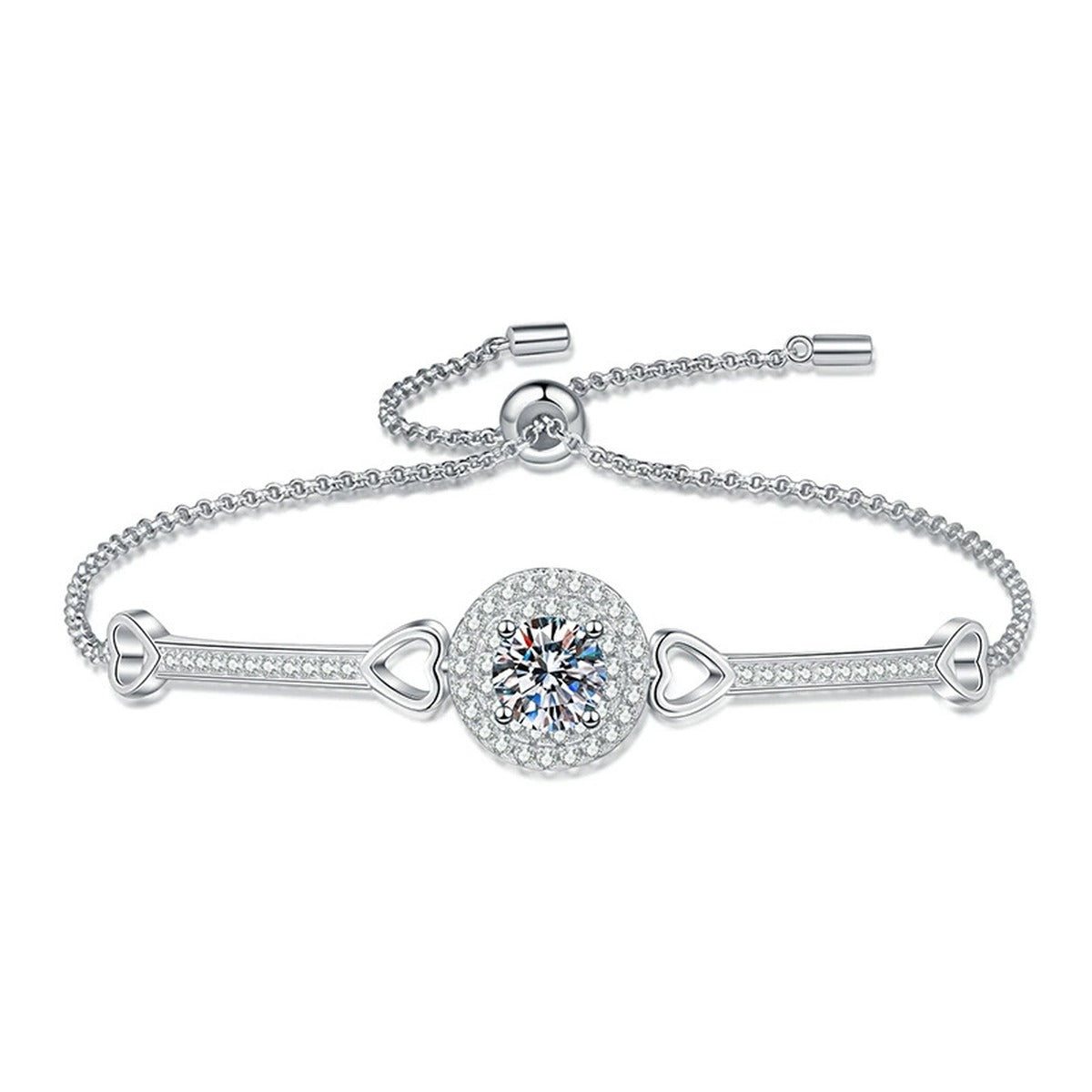 Round Halo Moissanite Adjustable Bangle Bracelet with CZ in White Gold-Plated S925 Sterling Silver white background product photo