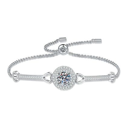 Round Halo Moissanite Adjustable Bangle Bracelet with CZ in White Gold-Plated S925 Sterling Silver white background product photo