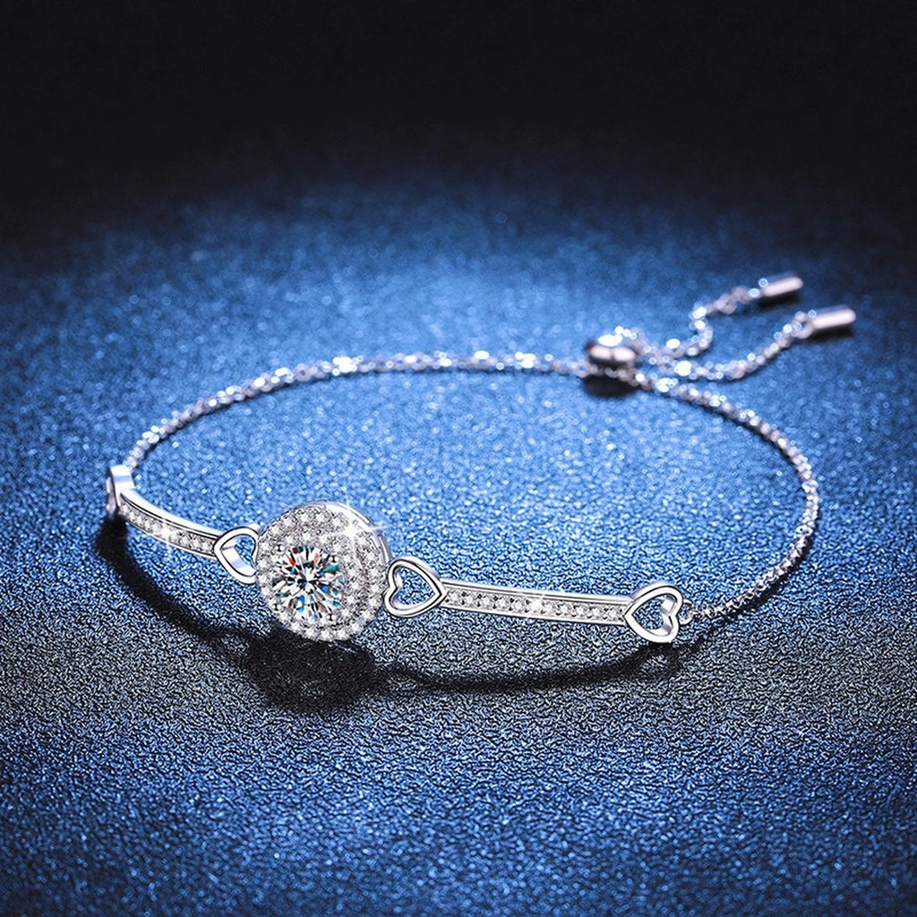 Round Halo Moissanite Adjustable Bangle Bracelet with CZ in White Gold-Plated S925 Sterling Silver blue display scene showing bracelet sparkle and chain detail