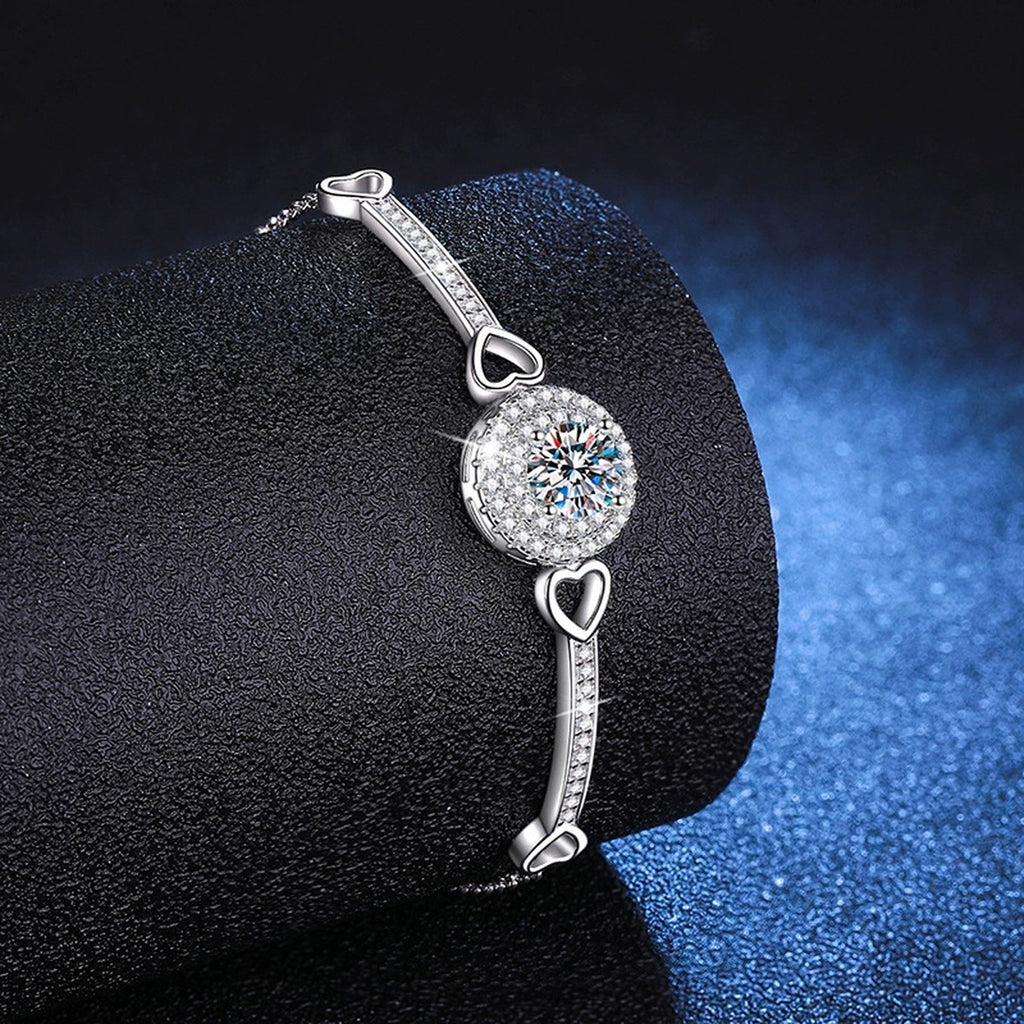 Round Halo Moissanite Adjustable Bangle Bracelet with CZ in White Gold-Plated S925 Sterling Silver blue display scene showing bracelet sparkle and chain detail