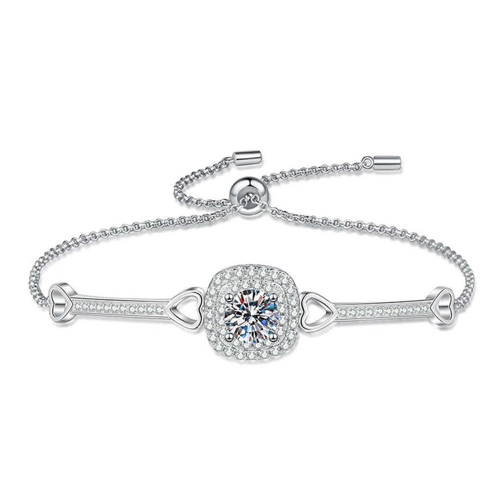 Round Moissanite Adjustable Bangle Bracelet with CZ in White Gold-Plated S925 Sterling Silver white background product photo