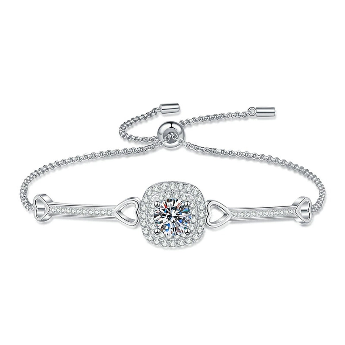 Round Moissanite Adjustable Bangle Bracelet with CZ in White Gold-Plated S925 Sterling Silver white background product photo