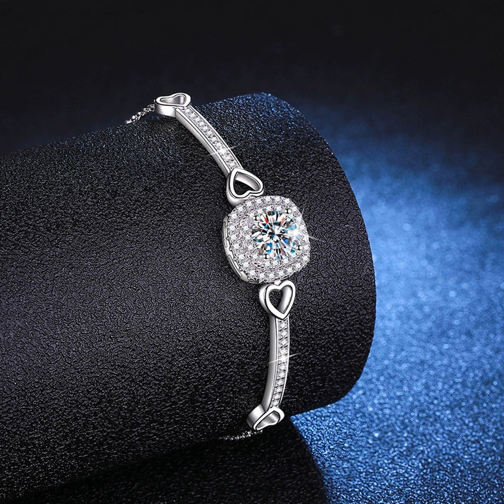 Round Moissanite Adjustable Bangle Bracelet with CZ in White Gold-Plated S925 Sterling Silver blue display scene showing bracelet sparkle and chain detail
