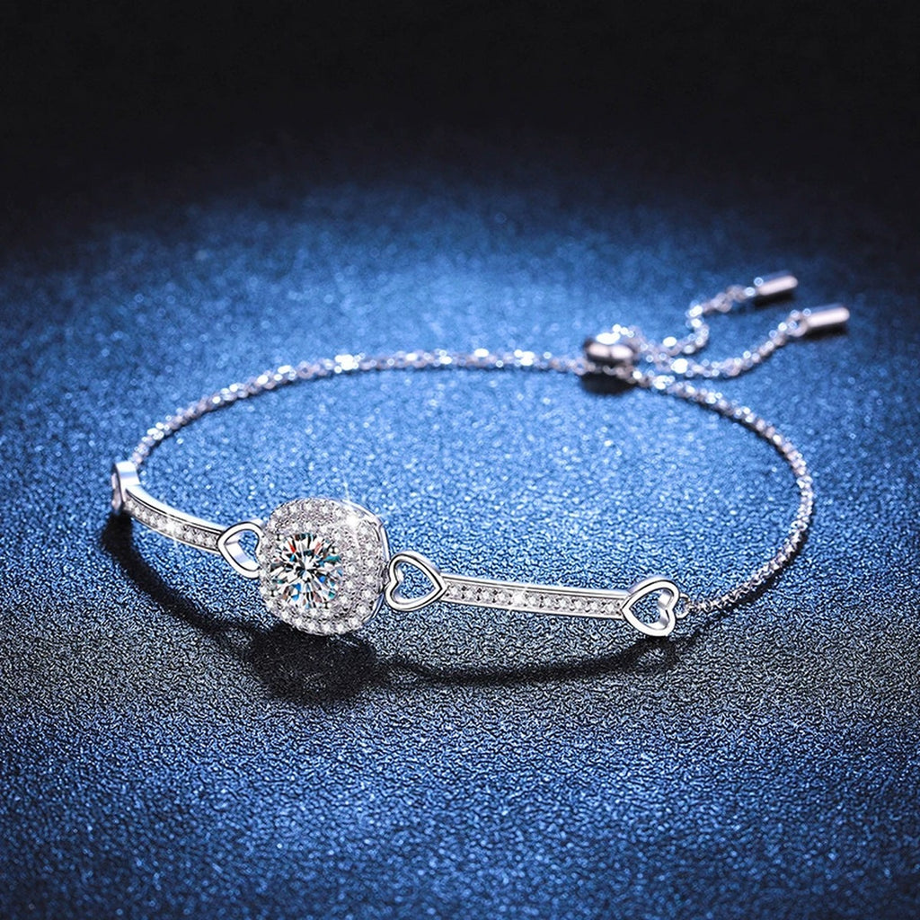 Round Moissanite Adjustable Bangle Bracelet with CZ in White Gold-Plated S925 Sterling Silver blue display scene showing bracelet sparkle and chain detail