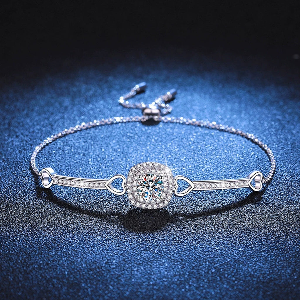 Round Moissanite Adjustable Bangle Bracelet with CZ in White Gold-Plated S925 Sterling Silver blue display scene showing bracelet sparkle and chain detail