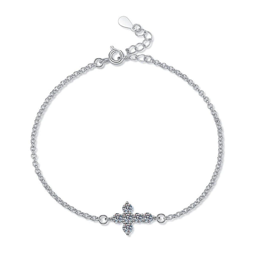 Cross Moissanite Chain Bracelet in White Gold-Plated S925 Sterling Silver white background product photo