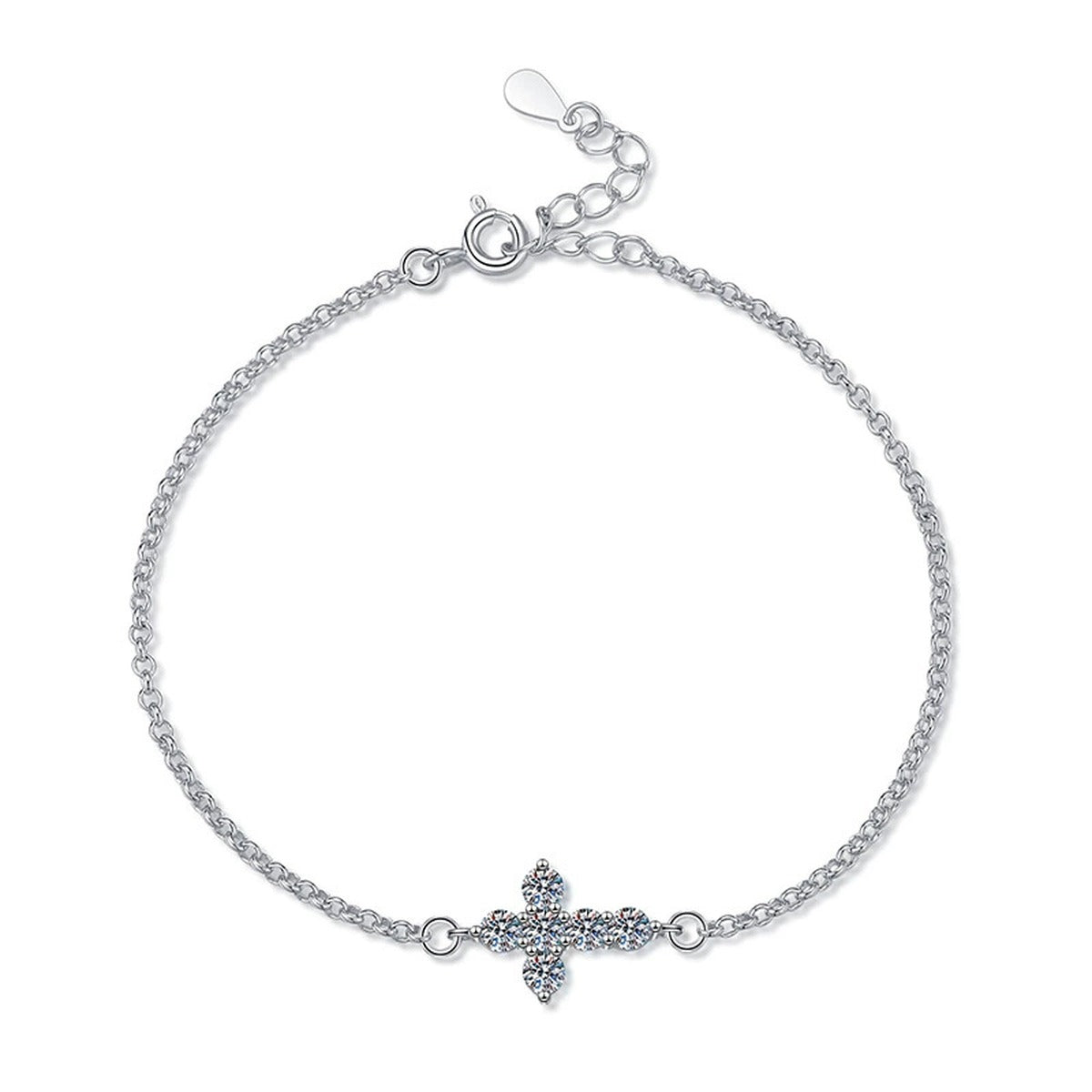 Cross Moissanite Chain Bracelet in White Gold-Plated S925 Sterling Silver white background product photo