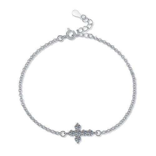 Cross Moissanite Chain Bracelet in White Gold-Plated S925 Sterling Silver white background product photo