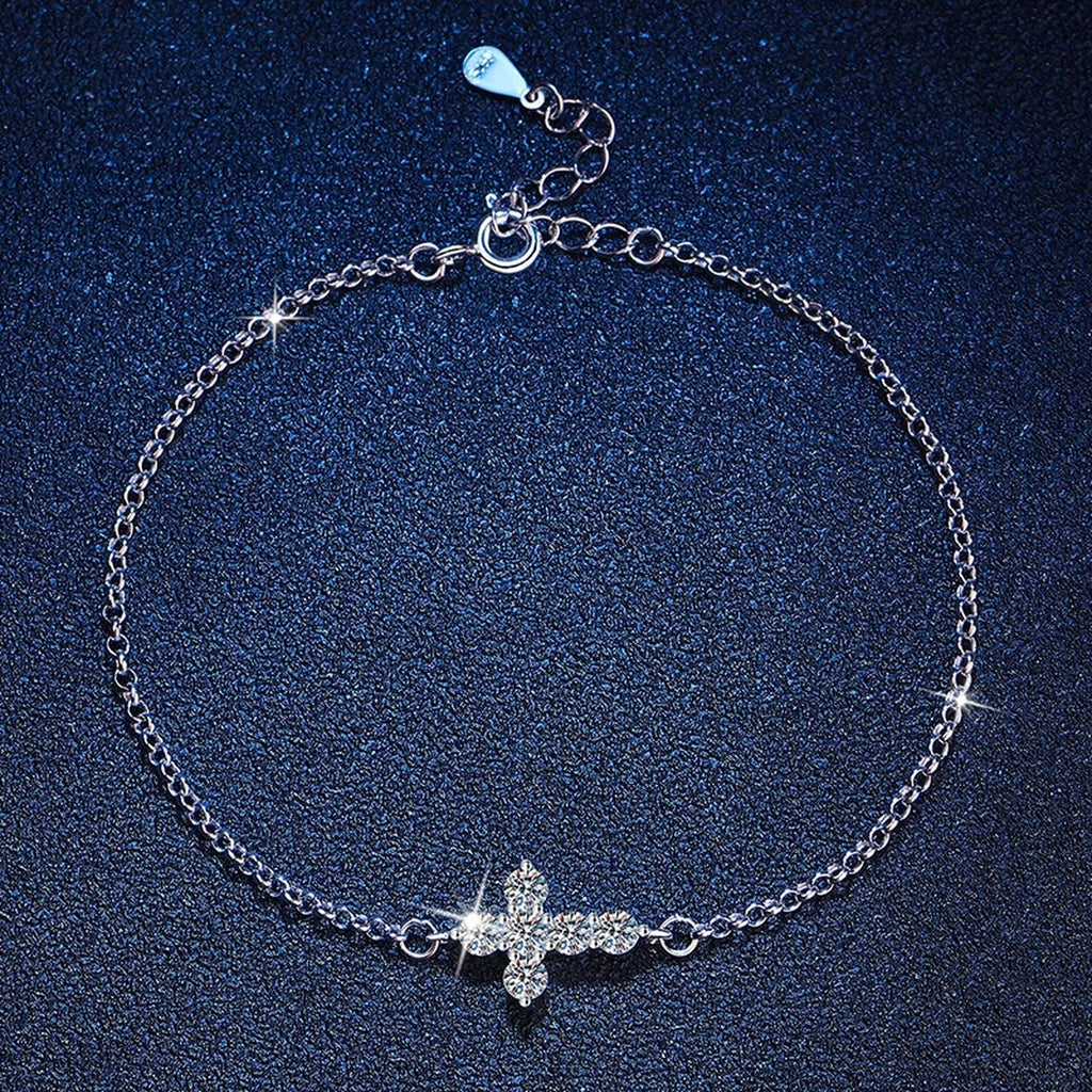 Cross Moissanite Chain Bracelet in White Gold-Plated S925 Sterling Silver blue display scene showing bracelet sparkle and chain detail