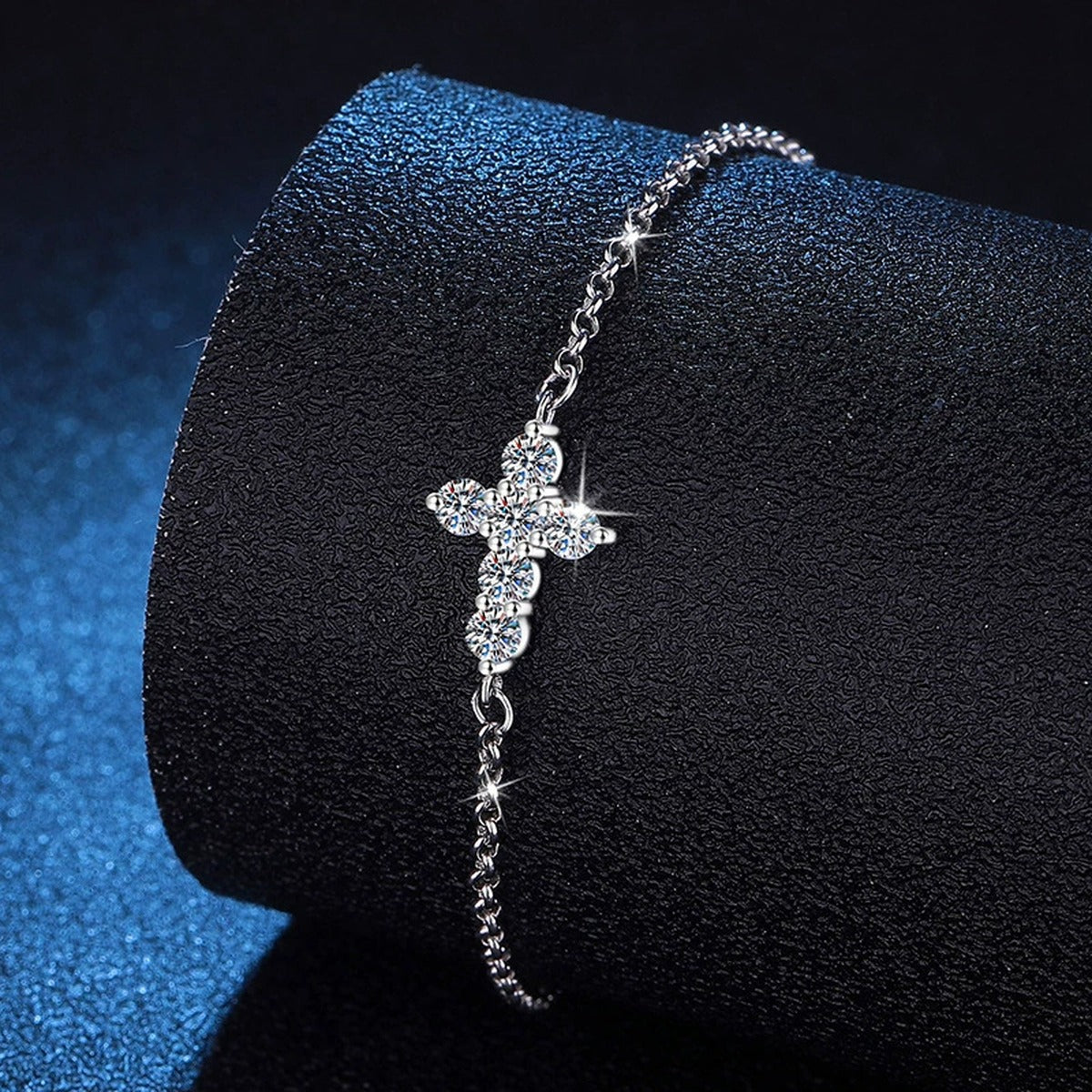 Cross Moissanite Chain Bracelet in White Gold-Plated S925 Sterling Silver blue display scene showing bracelet sparkle and chain detail