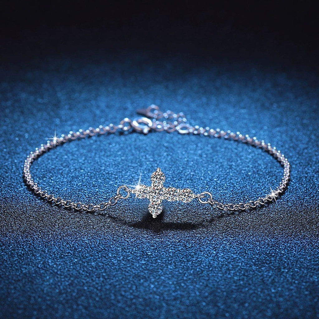 Cross Moissanite Chain Bracelet in White Gold-Plated S925 Sterling Silver blue display scene showing bracelet sparkle and chain detail