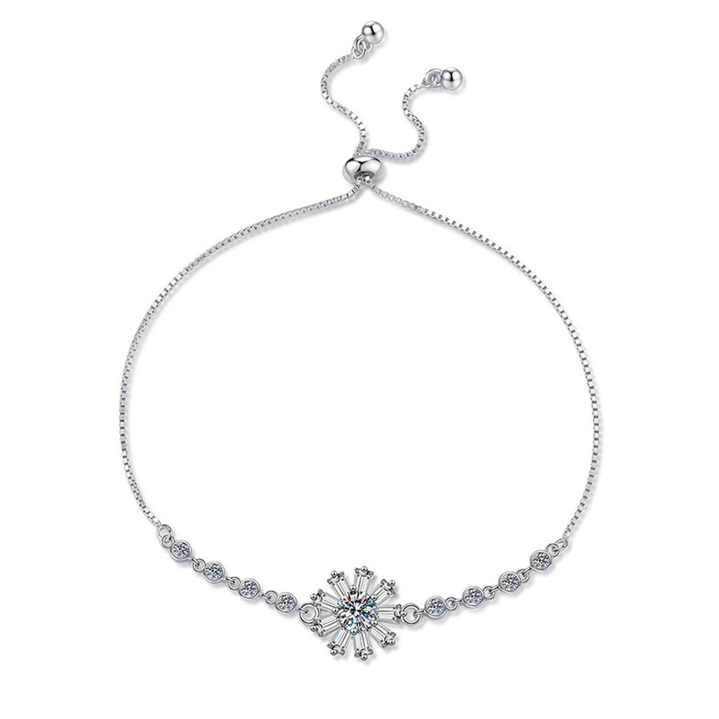 Floral Moissanite Chain Bracelet with CZ in White Gold-Plated S925 Sterling Silver white background product photo