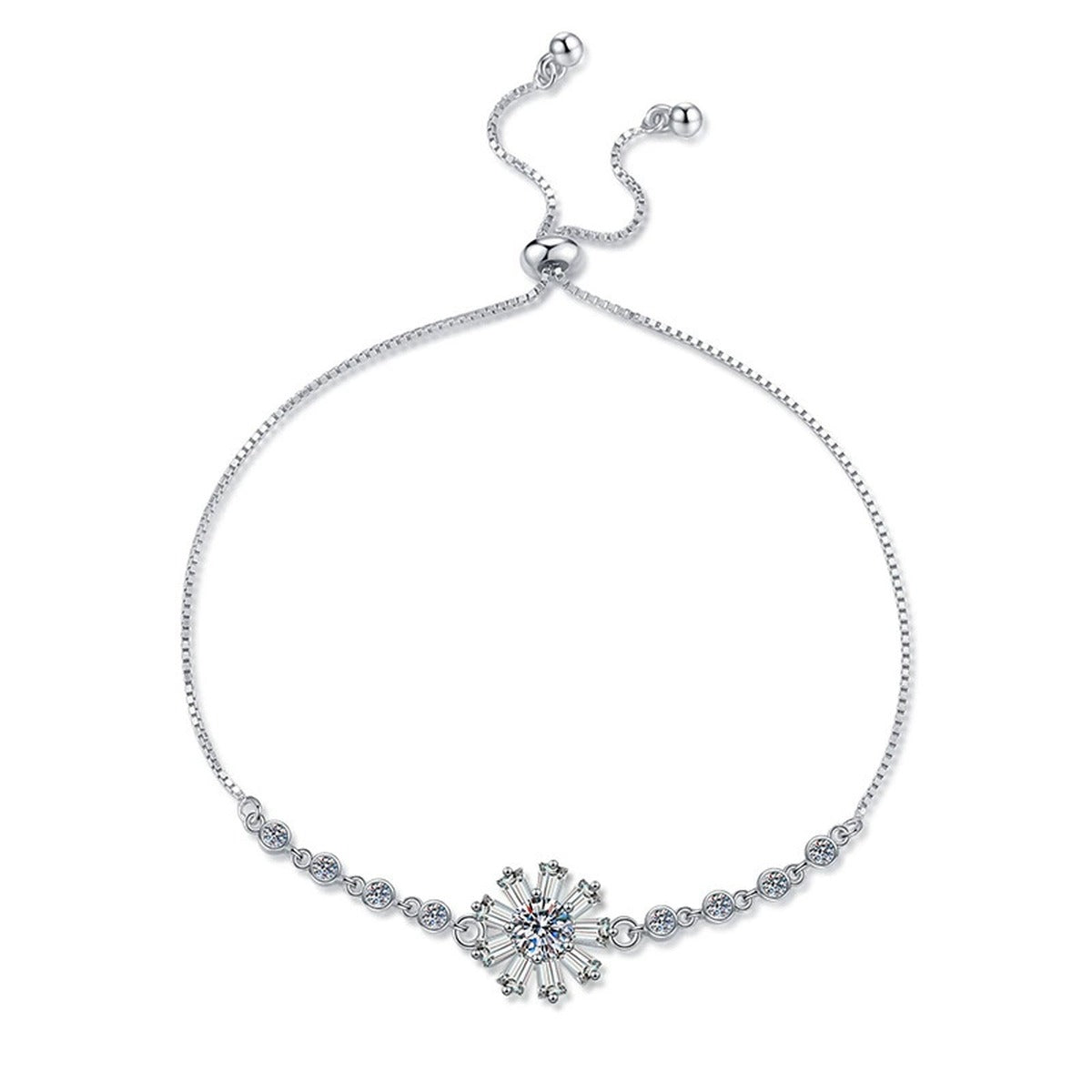 Floral Moissanite Chain Bracelet with CZ in White Gold-Plated S925 Sterling Silver white background product photo