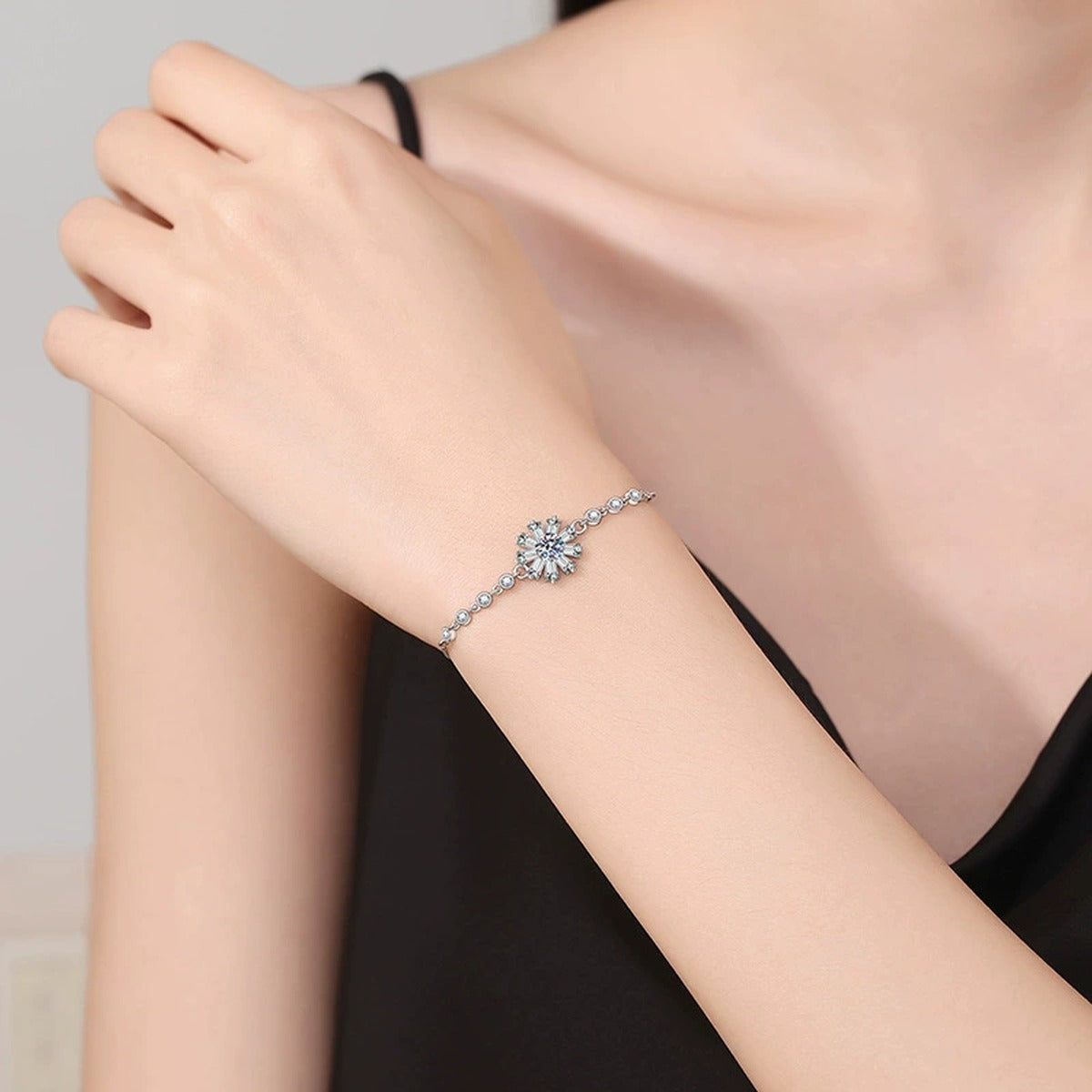 Floral Moissanite Chain Bracelet with CZ in White Gold-Plated S925 Sterling Silver worn on wrist model view showing scale and fit
