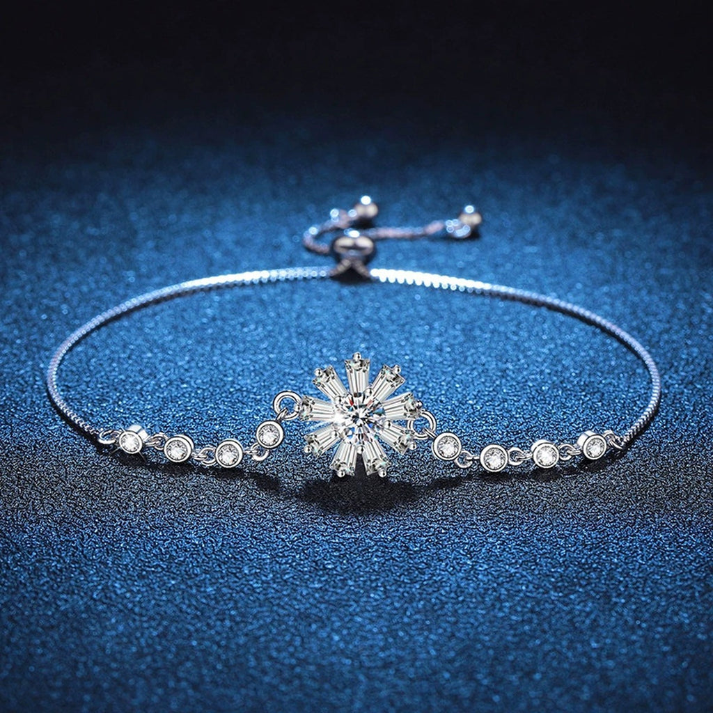 Floral Moissanite Chain Bracelet with CZ in White Gold-Plated S925 Sterling Silver blue display scene showing bracelet sparkle and chain detail