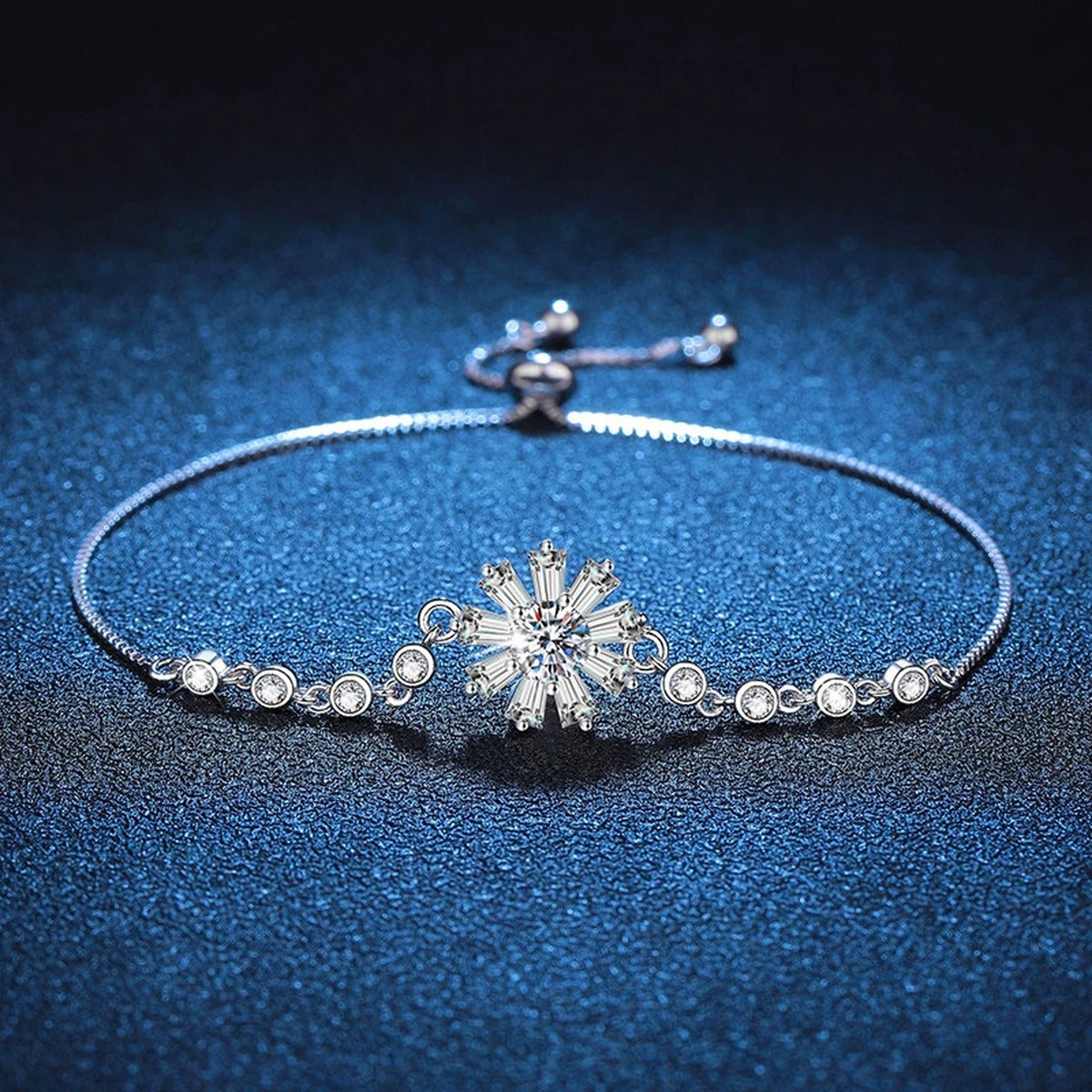Floral Moissanite Chain Bracelet with CZ in White Gold-Plated S925 Sterling Silver blue display scene showing bracelet sparkle and chain detail