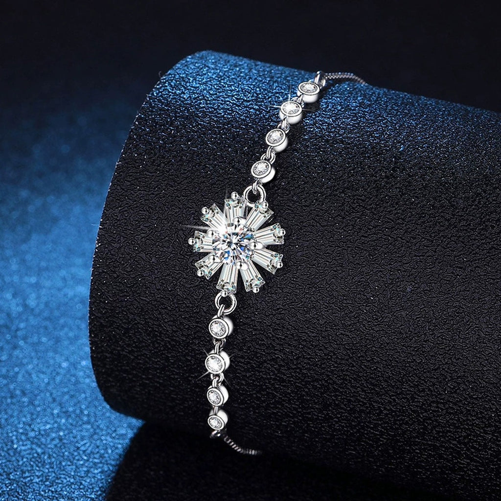 Floral Moissanite Chain Bracelet with CZ in White Gold-Plated S925 Sterling Silver blue display scene showing bracelet sparkle and chain detail