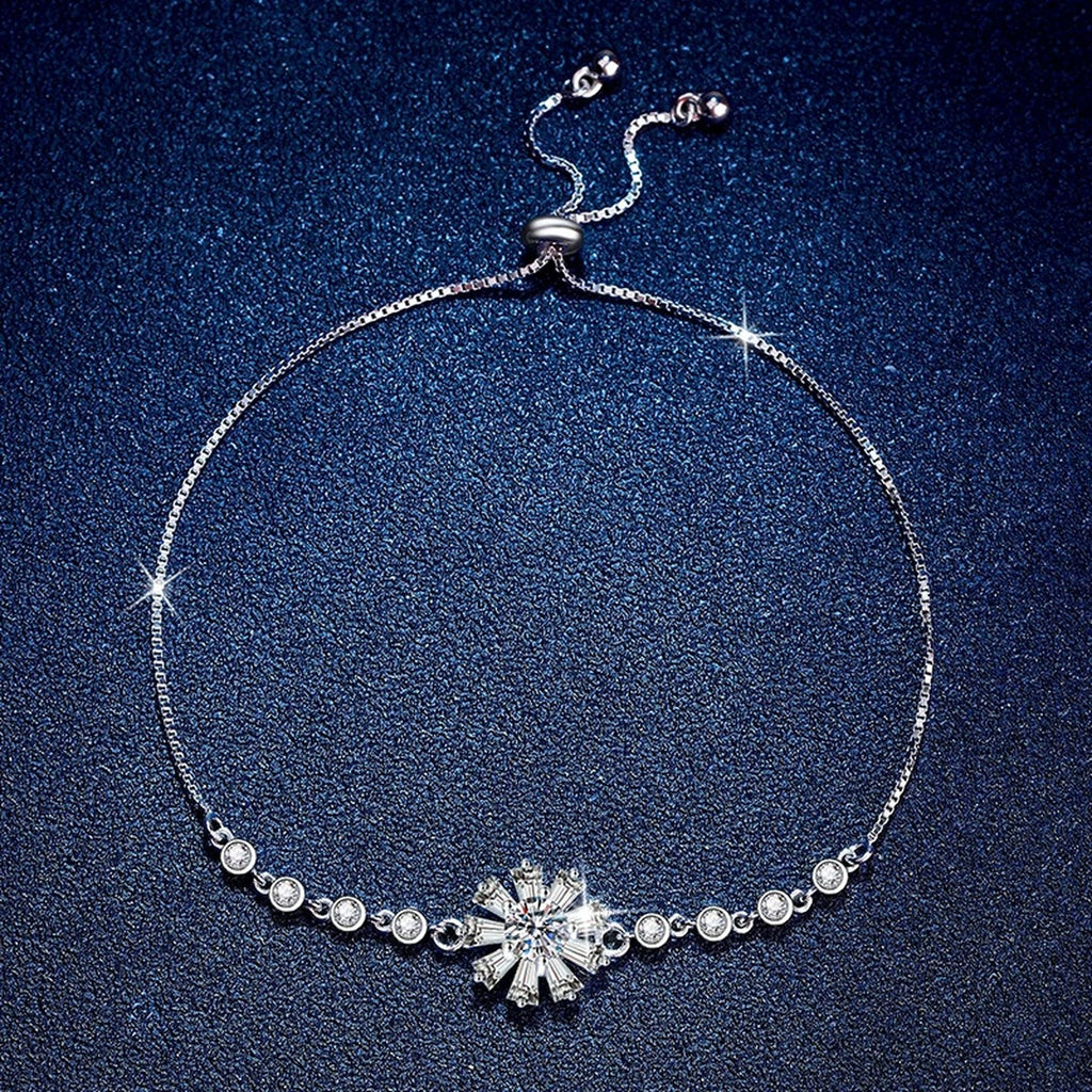 Floral Moissanite Chain Bracelet with CZ in White Gold-Plated S925 Sterling Silver blue display scene showing bracelet sparkle and chain detail