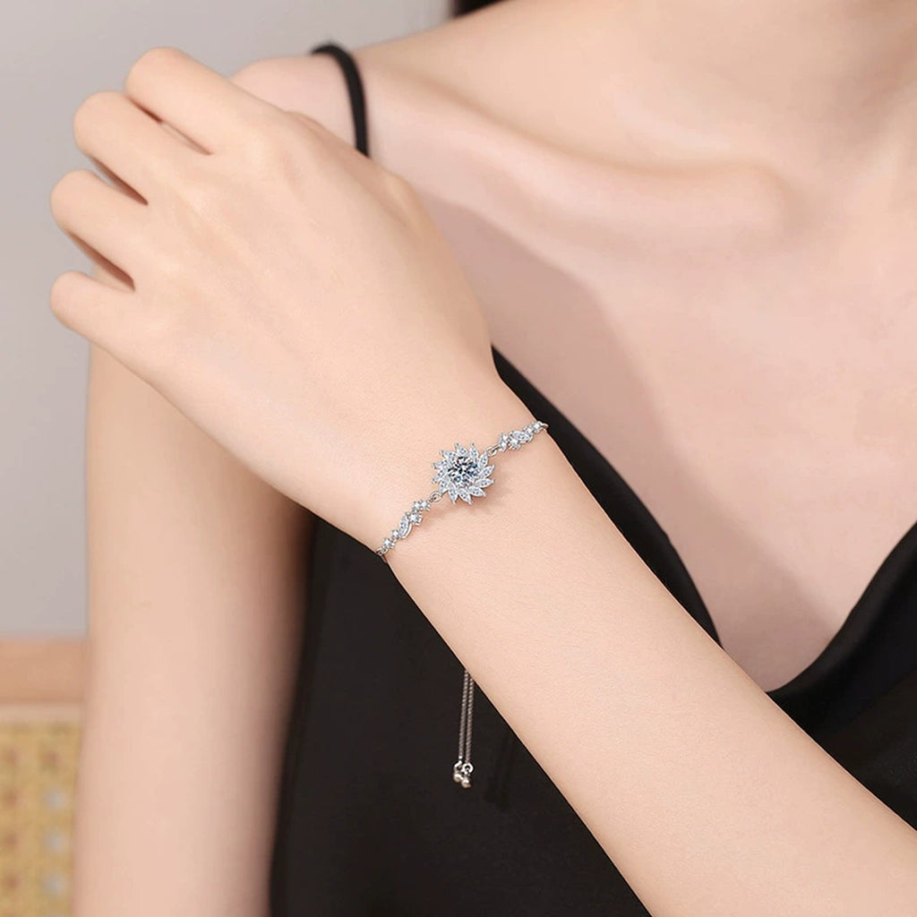 Starburst Moissanite Chain Bracelet with CZ in White Gold-Plated S925 Sterling Silver worn on wrist model view showing scale and fit