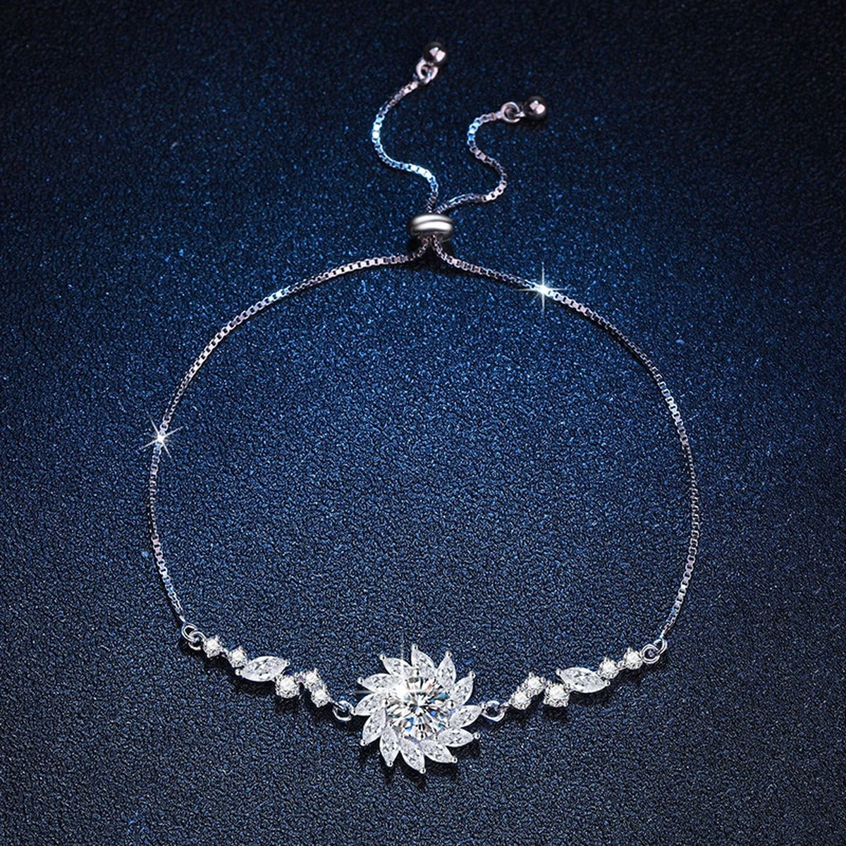 Starburst Moissanite Chain Bracelet with CZ in White Gold-Plated S925 Sterling Silver blue display scene showing bracelet sparkle and chain detail
