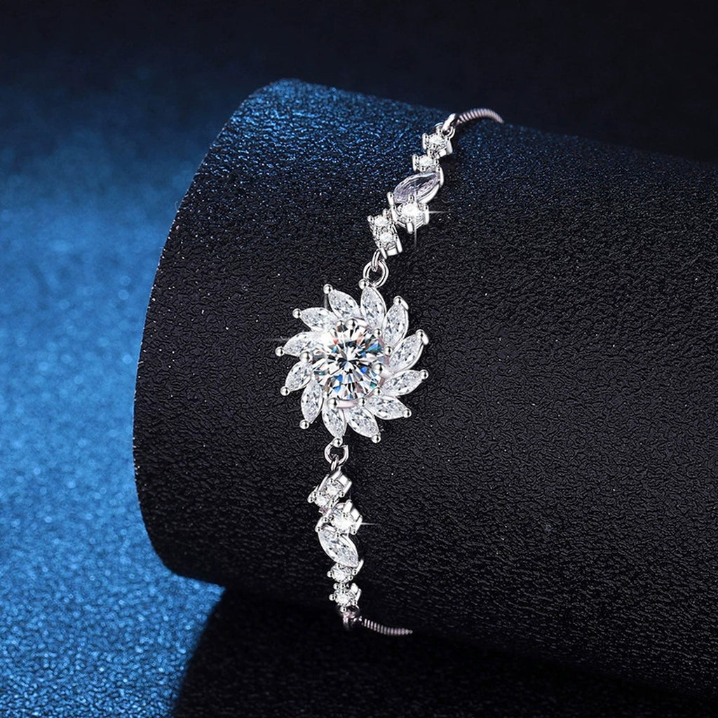 Starburst Moissanite Chain Bracelet with CZ in White Gold-Plated S925 Sterling Silver blue display scene showing bracelet sparkle and chain detail