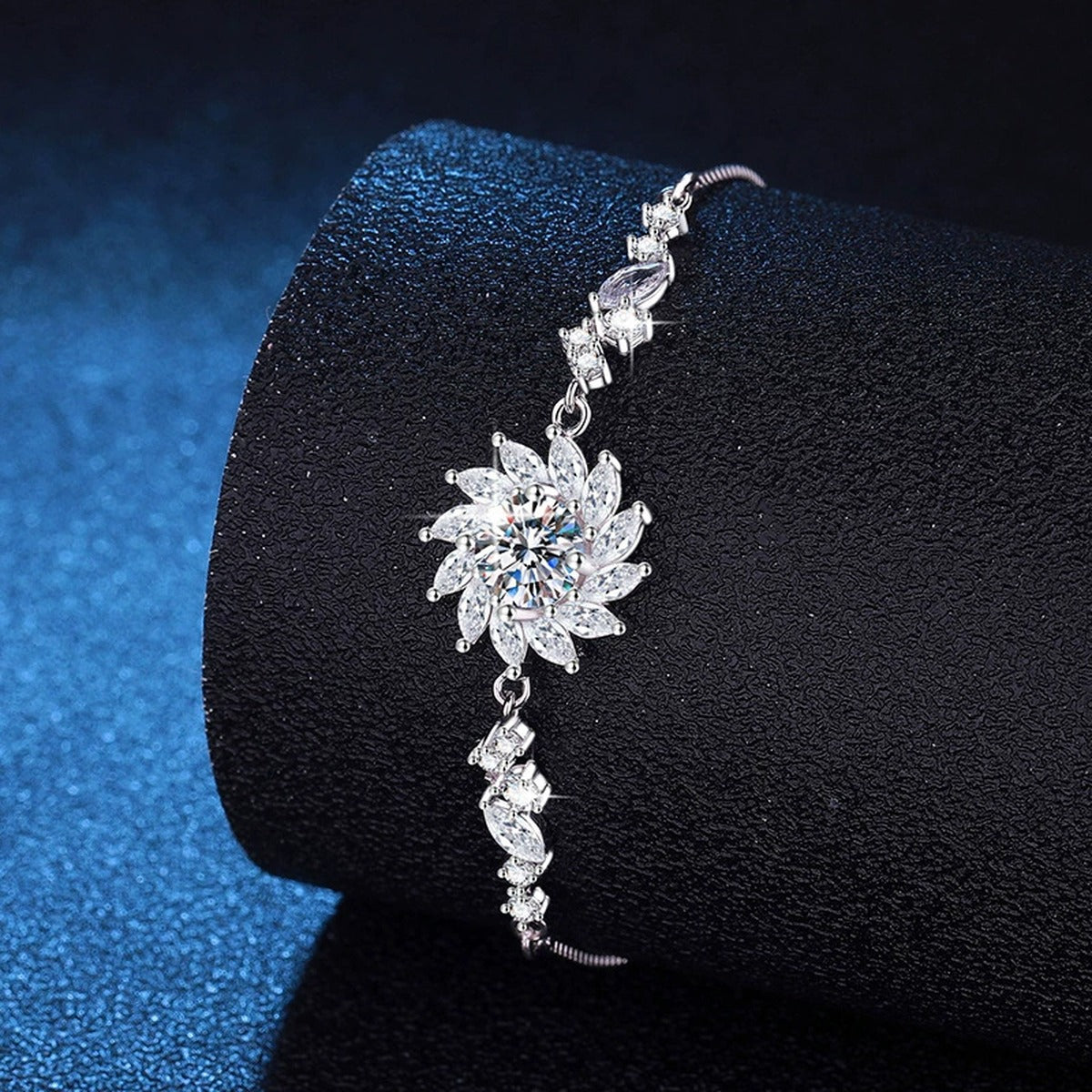 Starburst Moissanite Chain Bracelet with CZ in White Gold-Plated S925 Sterling Silver blue display scene showing bracelet sparkle and chain detail