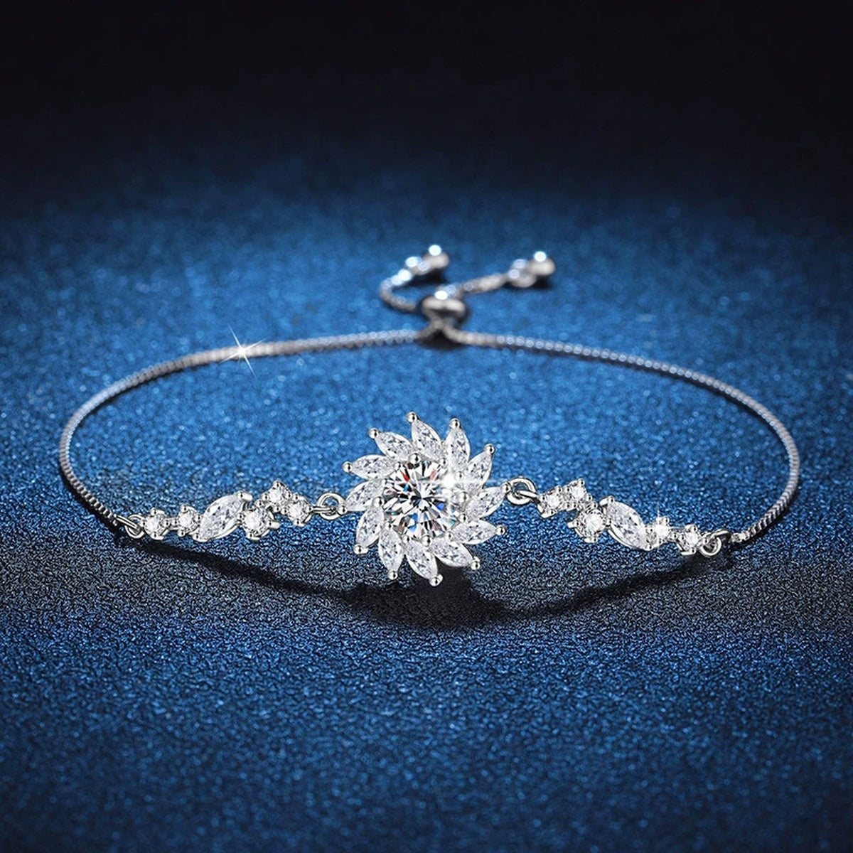 Starburst Moissanite Chain Bracelet with CZ in White Gold-Plated S925 Sterling Silver blue display scene showing bracelet sparkle and chain detail