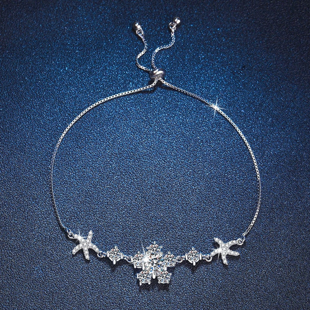 Floral Moissanite Adjustable Bracelet with CZ close-up detail showing clasp, chain, and stone placement