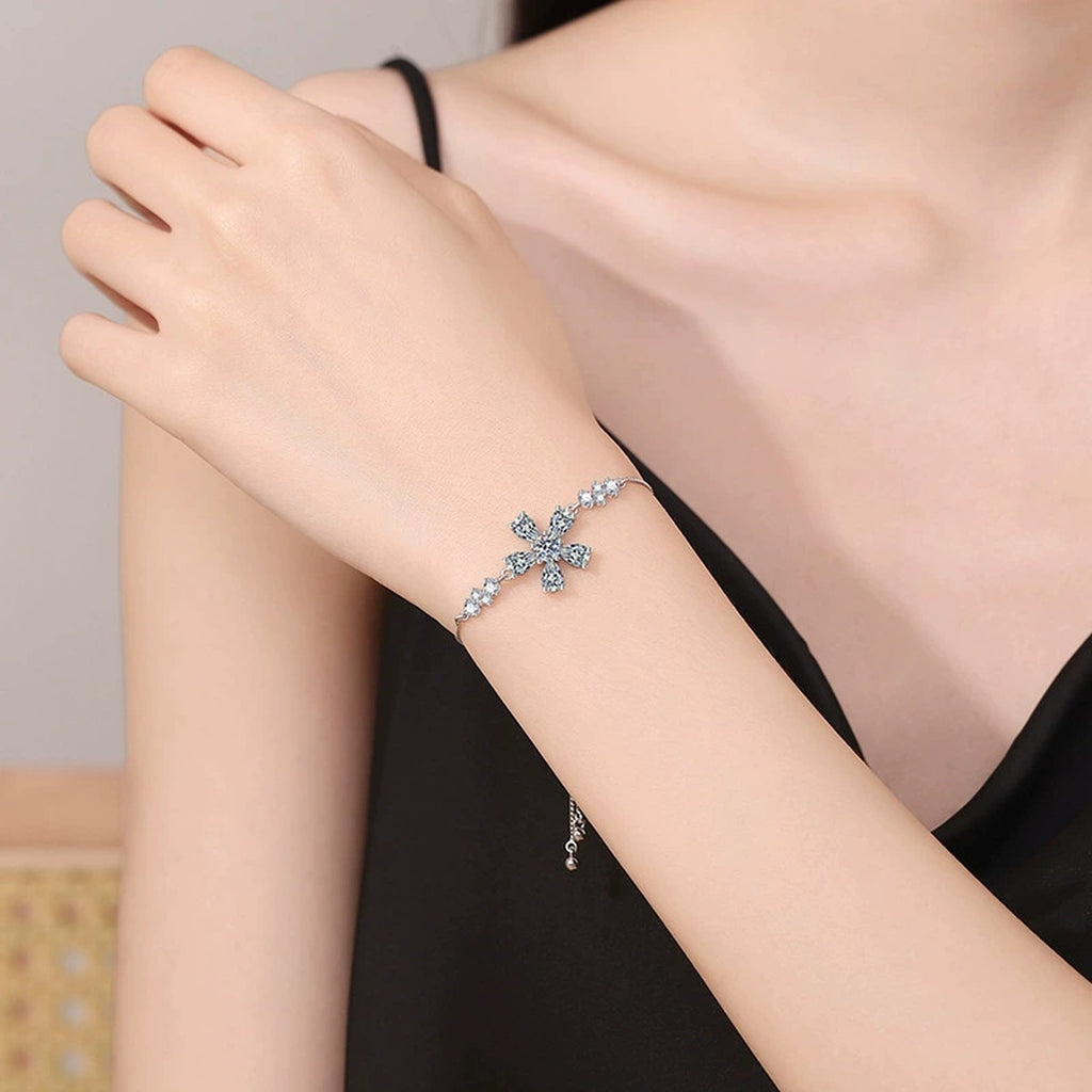 Snowflake Moissanite Chain Bracelet with CZ in White Gold-Plated S925 Sterling Silver worn on wrist model view showing scale and fit