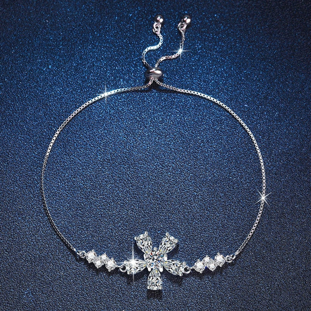 Snowflake Moissanite Chain Bracelet with CZ in White Gold-Plated S925 Sterling Silver blue display scene showing bracelet sparkle and chain detail