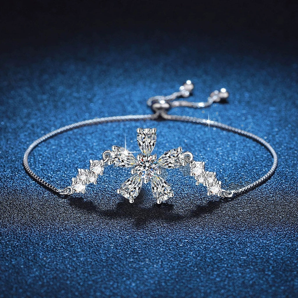 Snowflake Moissanite Chain Bracelet with CZ in White Gold-Plated S925 Sterling Silver blue display scene showing bracelet sparkle and chain detail