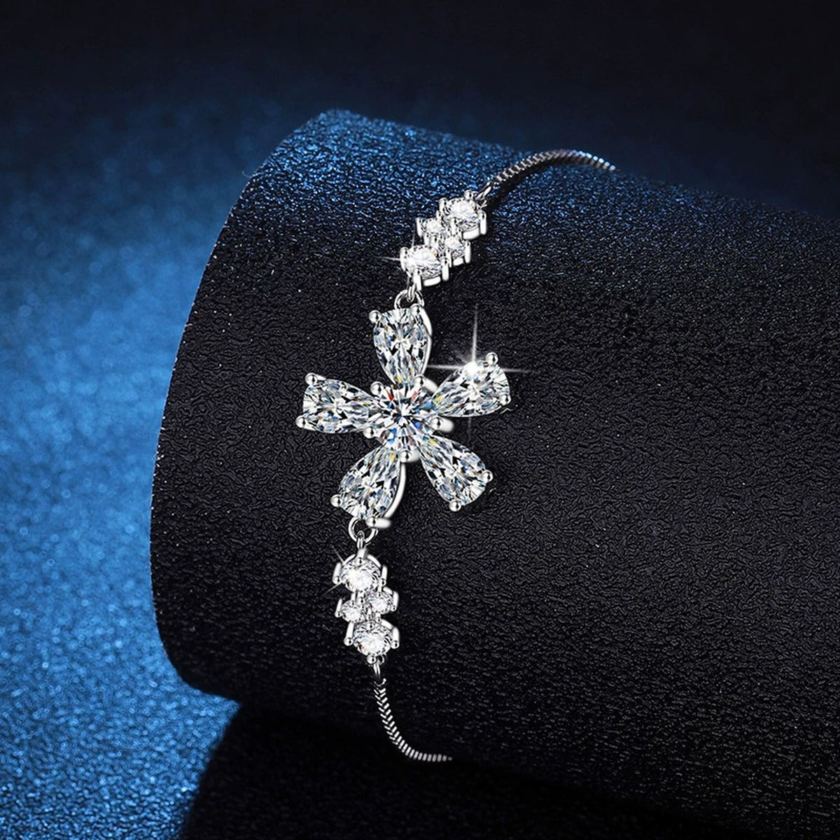 Snowflake Moissanite Chain Bracelet with CZ in White Gold-Plated S925 Sterling Silver blue display scene showing bracelet sparkle and chain detail
