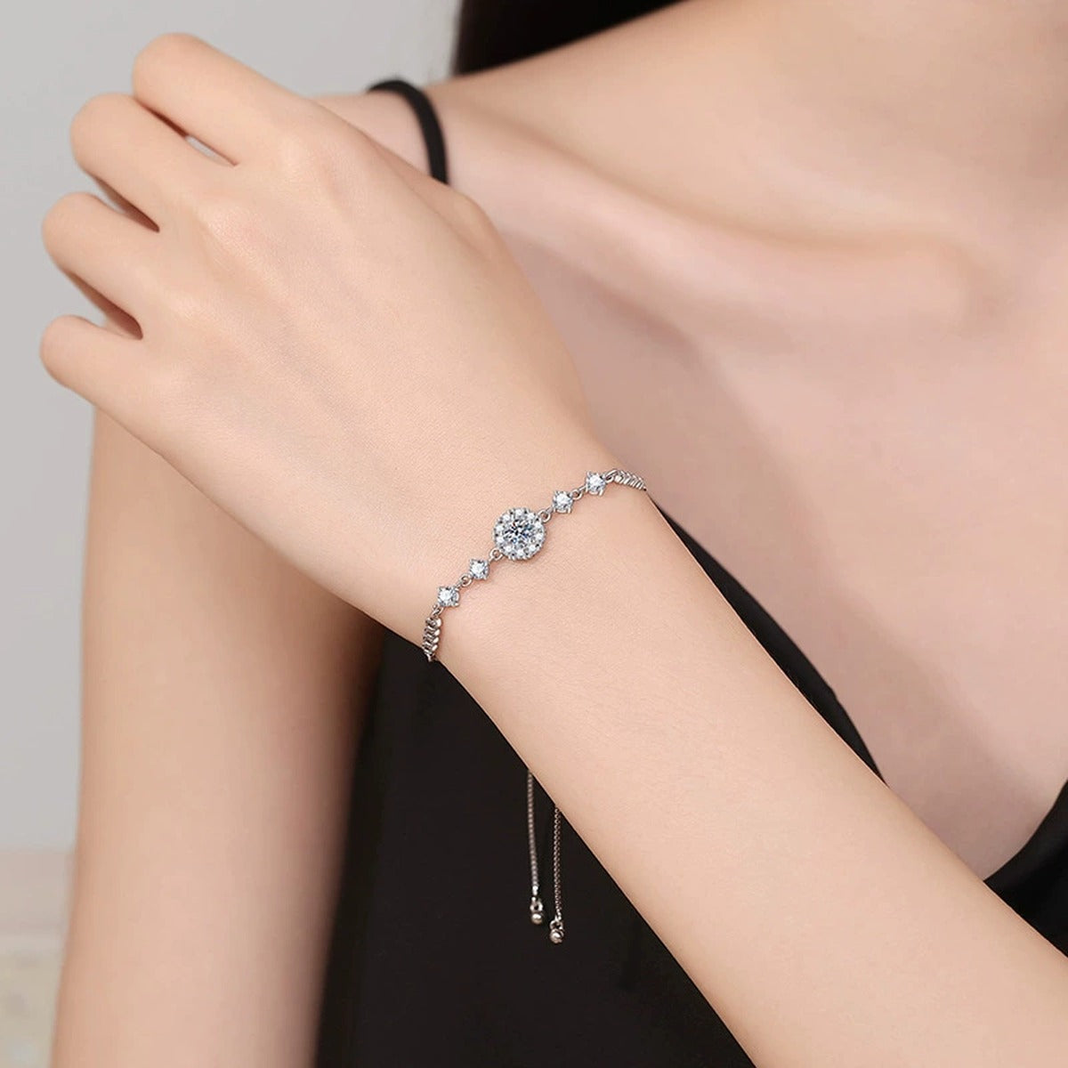 Clover Moissanite Chain Bracelet with CZ in White Gold-Plated S925 Sterling Silver worn on wrist model view showing scale and fit