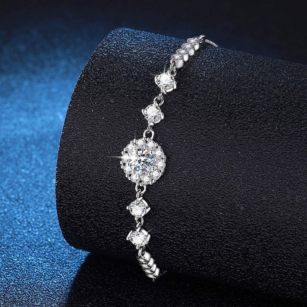 Clover Moissanite Chain Bracelet with CZ in White Gold-Plated S925 Sterling Silver blue display scene showing bracelet sparkle and chain detail