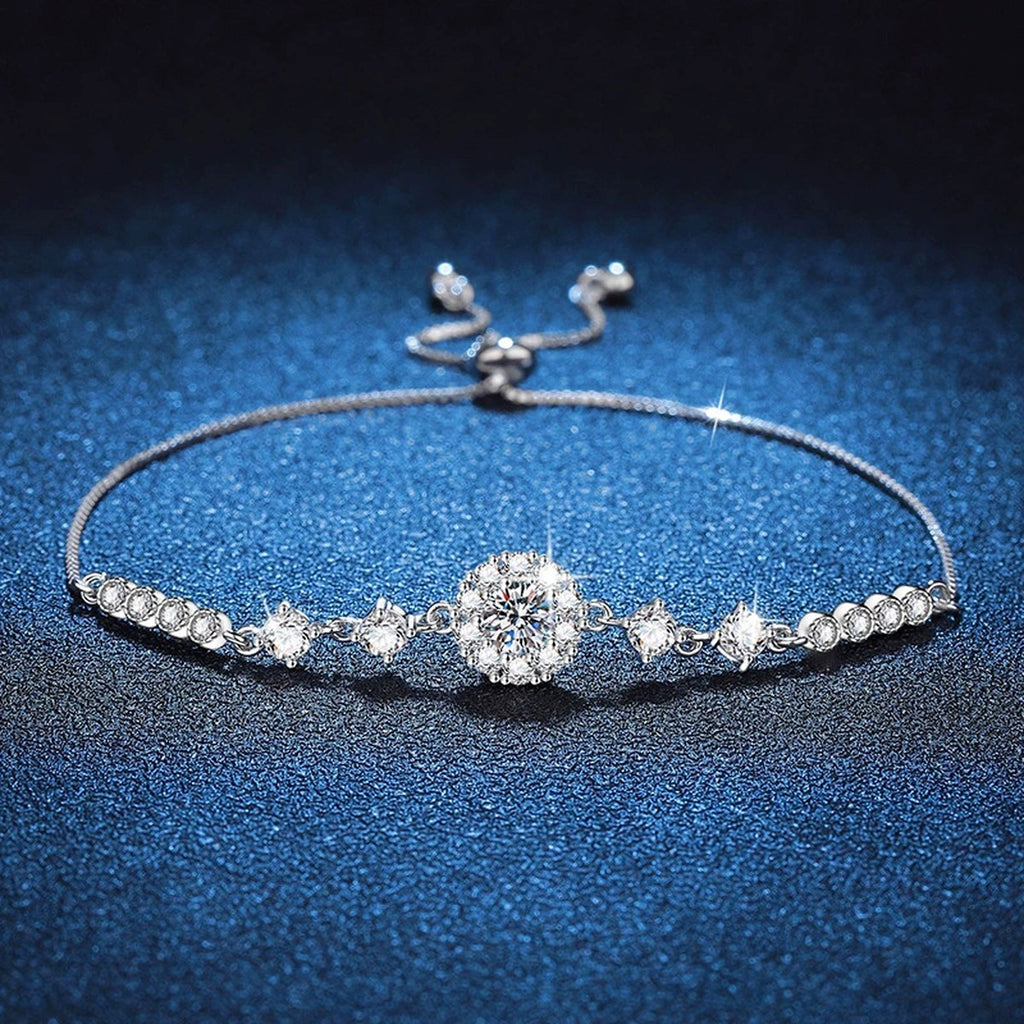 Clover Moissanite Chain Bracelet with CZ in White Gold-Plated S925 Sterling Silver blue display scene showing bracelet sparkle and chain detail